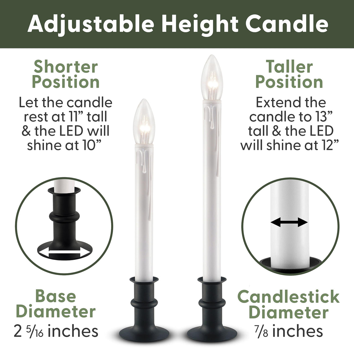 612 Vermont Ultra-Bright LED Window Candles with Timer, Battery Operated, Metal Base, White Candlestick, Adjustable Height (Pack of 4, Matte Onyx)