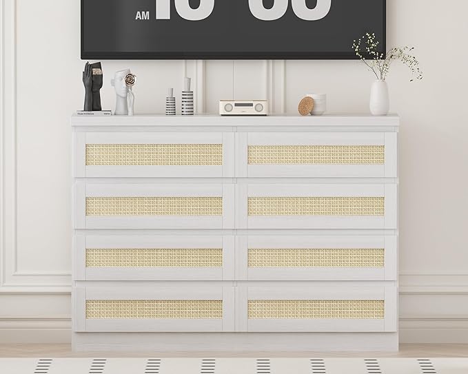47 Inch Rattan 8 Drawer Dresser, Modern Farmhouse Chest of Drawers, Tv Stand