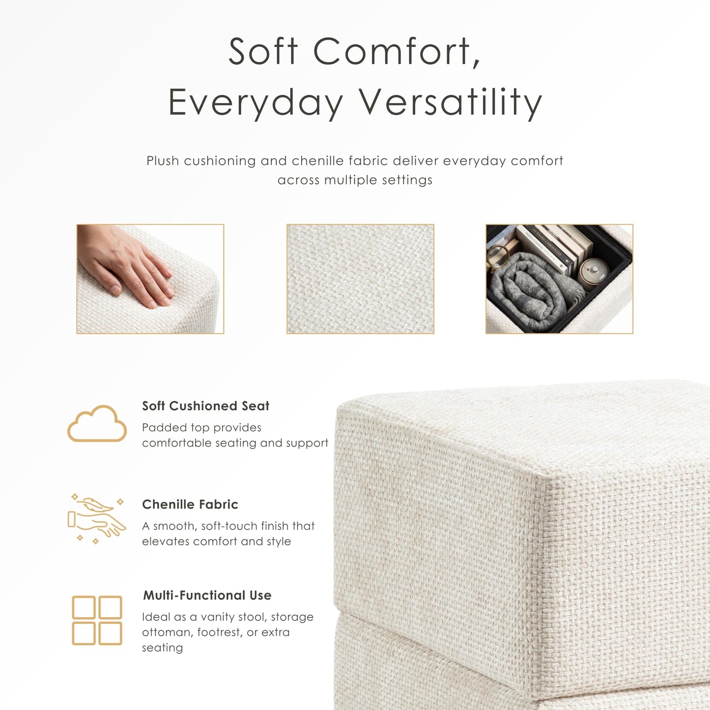 Furniture of America Renzo Modern 15-inch Chenille Cube Ottoman with Storage Compartment and Stainless Steel Base, Vanity Stool Chair, Small Foot Stool for Bedroom, Living Room, Entryway, Beige