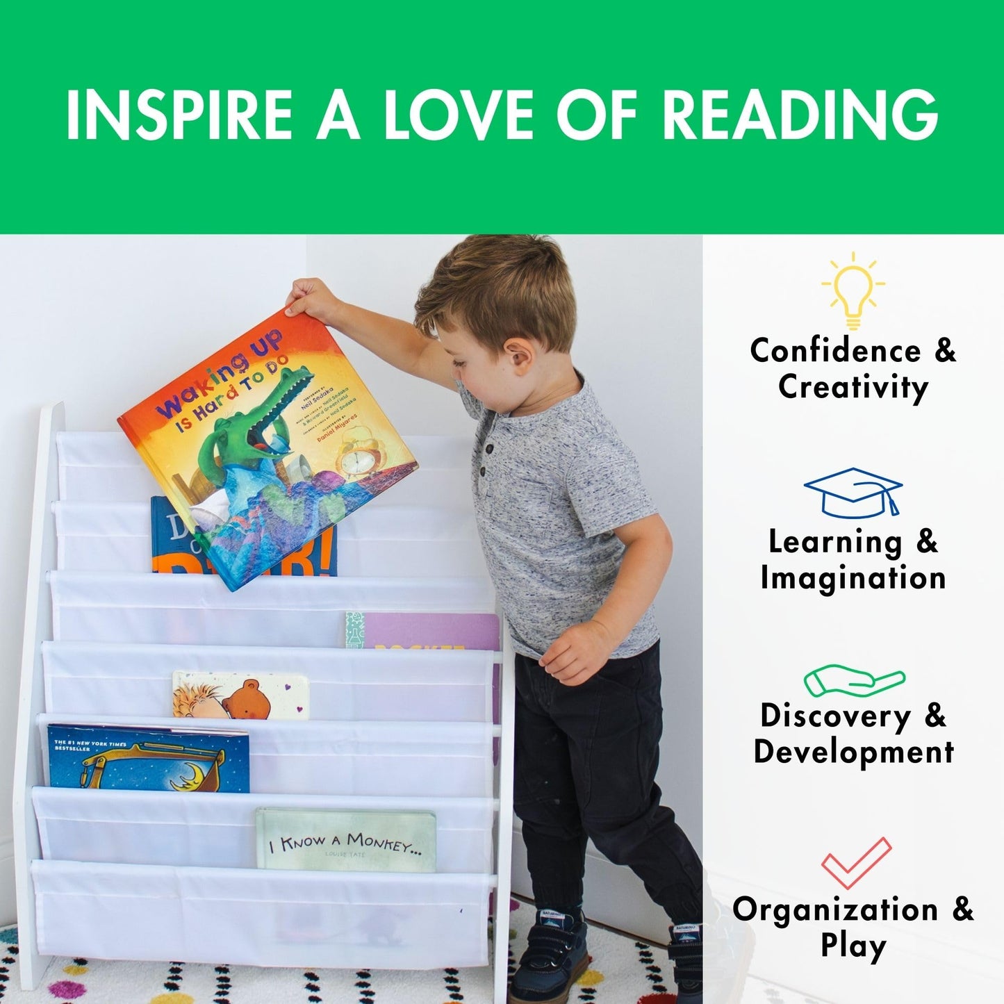 Humble Crew Kids Bookshelf, 6-Tier Front-Facing Book Display Organizer, Montessori Toddler Bookcase for Playroom, Bedroom & Reading Corner, White/White