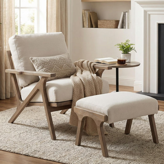 HNY Mid Century Modern Accent Chair with Ottoman, Farmhouse Linen Upholstered Living Room Armchair and Ottoman Set, 23" Seat Wide Retro Leisure Lounge Chair with Wood Frame for Home, Bedroom, Beige