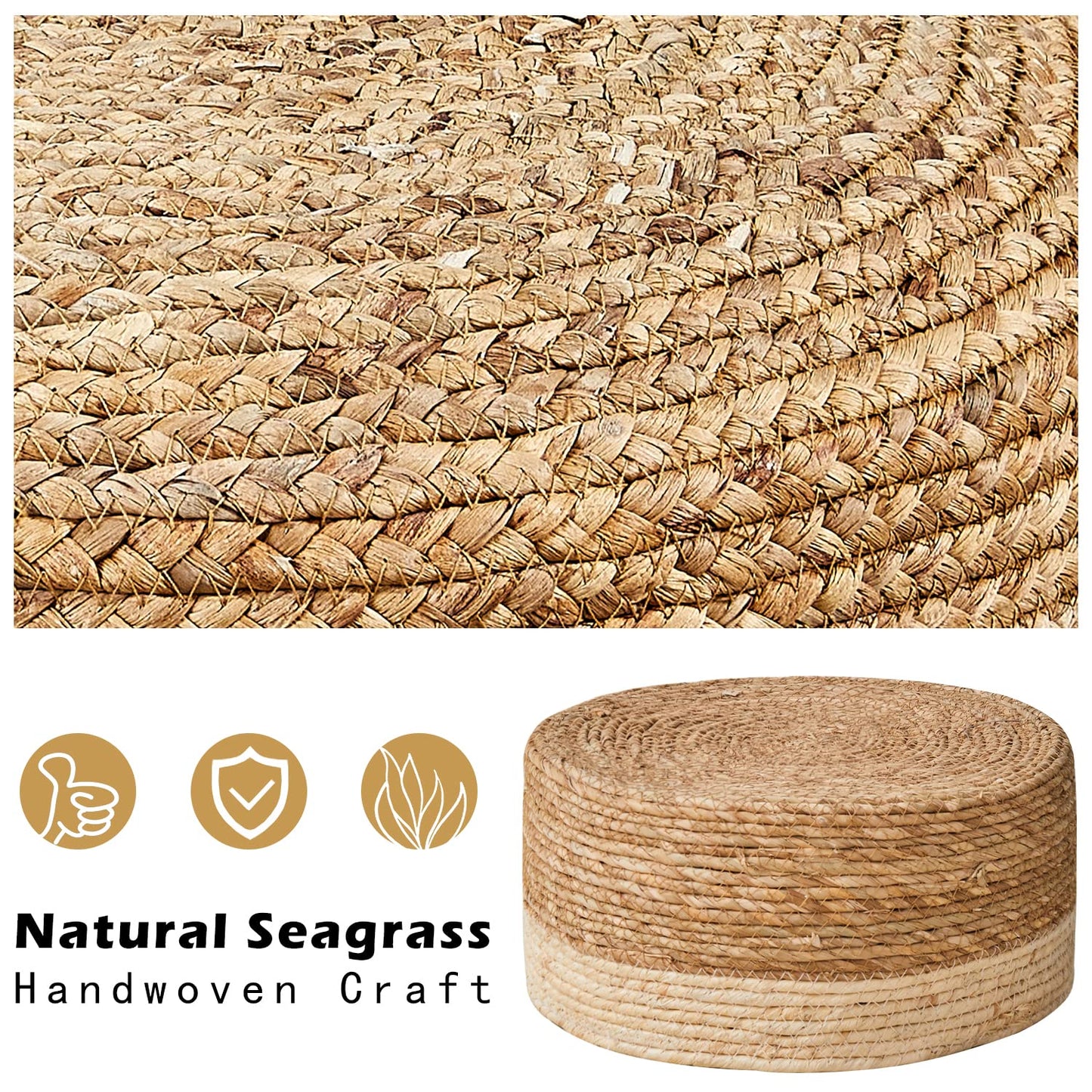 Cpintltr Foot Stool Natural Seagrass Hand Weave Poufs Round Ottoman for Couch Desk Soft Step Stool Padded Foot Rest with Non-Skid Pine Legs for Hallway Office Lounge Natural/White