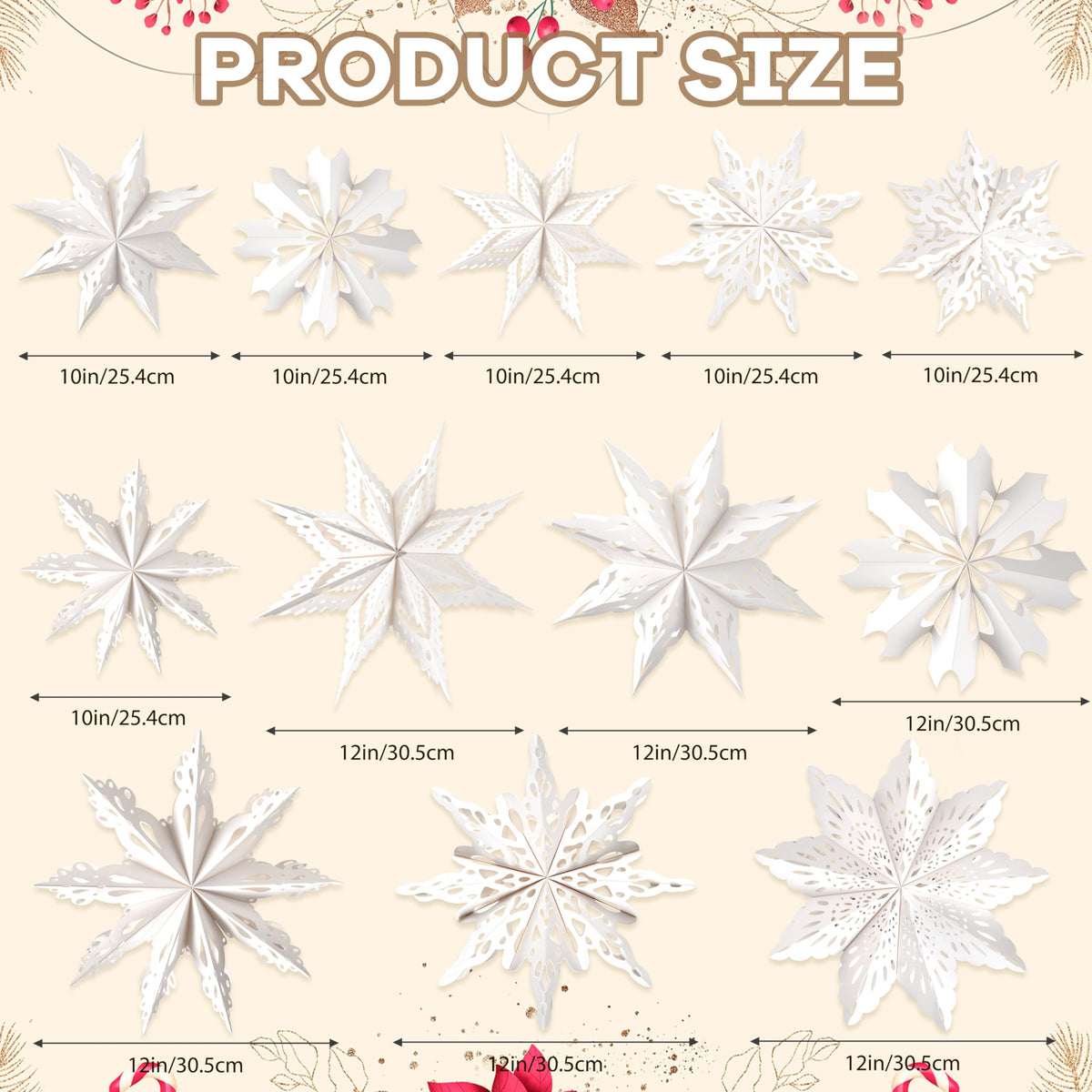 12 Pcs Christmas Paper Snowflake Lanterns, 3D Christmas Paper Star Lanterns with LED Lights, 10/12 Inch White Hanging Snowflake Lamps for Xmas Winter Frozen Weddings New Year Party Decorations