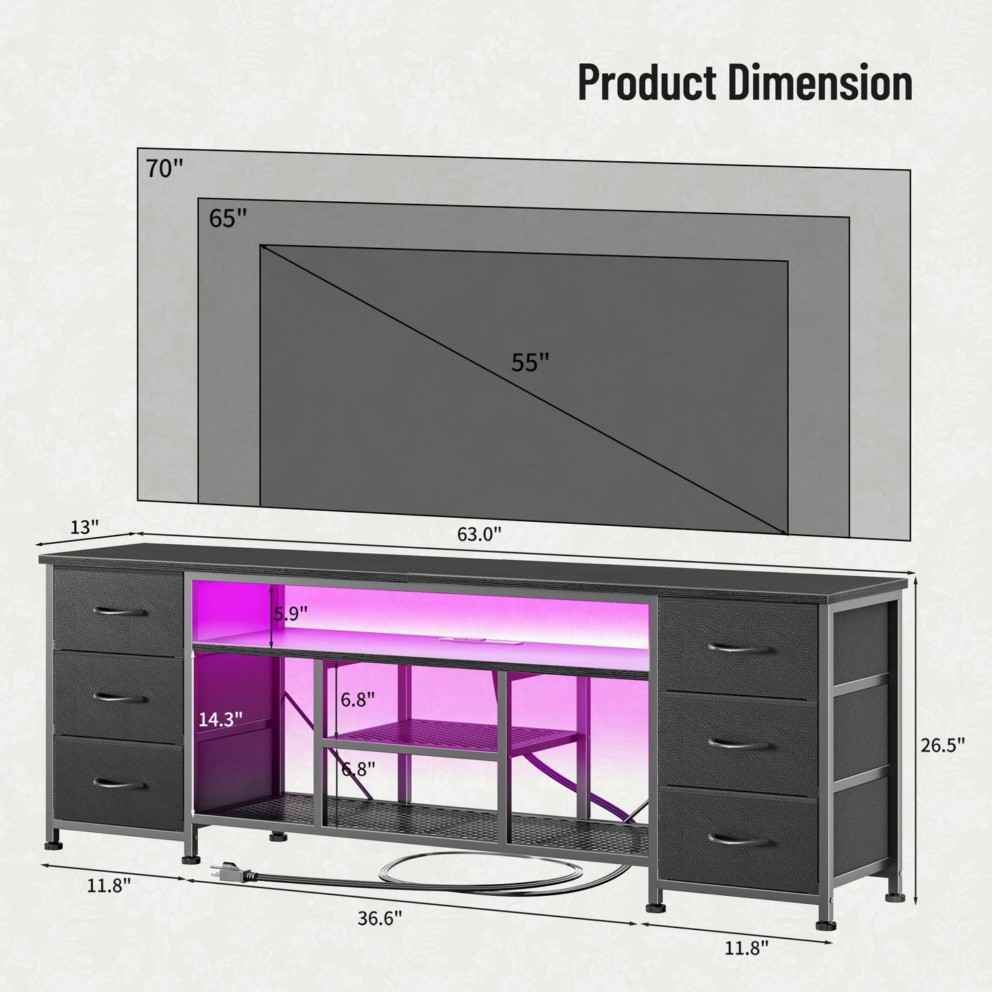Furologee LED TV Stand for 65, 70 Inch TV, 63 Inch Entertainment Center with Power Outlets, 6 Fabric Drawers Dresser for Bedroom, Media Console with Open Shelves, PU Leather Surface, Black