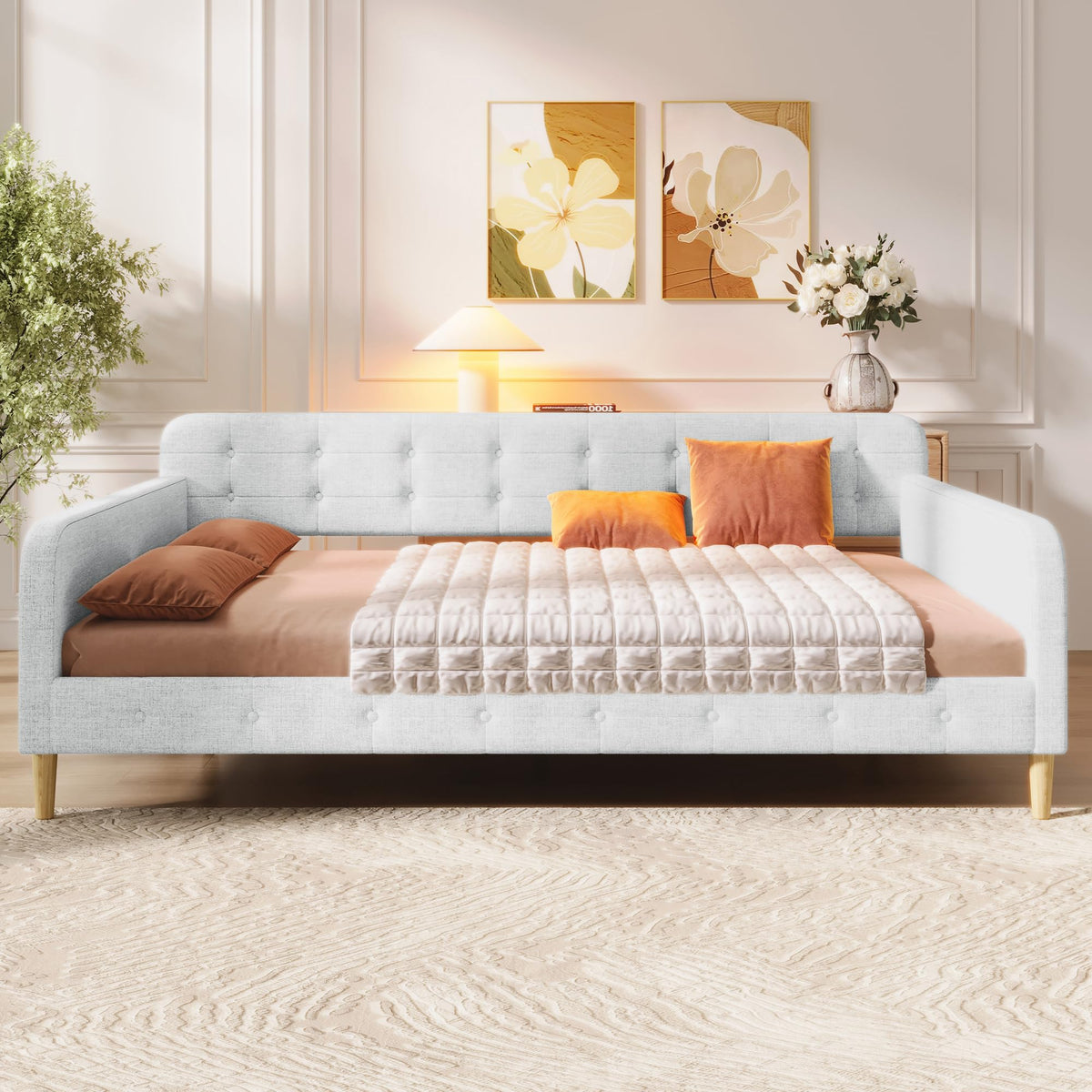 GDFStudio Queen Size Upholstered Daybed with Linen, Solid Pine Wood + MDF Frame, Foam-Filled Backrest, 4 Support Legs, No Box Spring Needed, Sturdy Queen Sofa Bed for Living Room or Guest Room, Beige