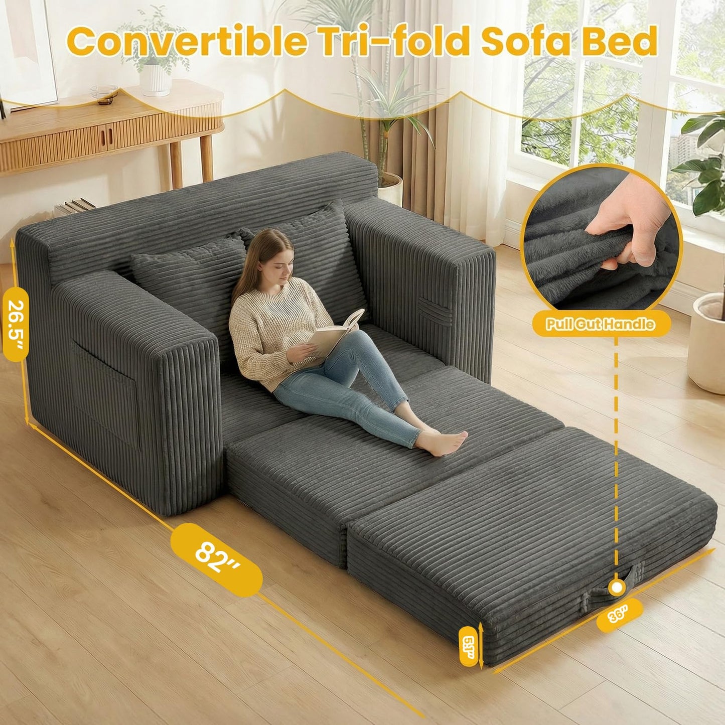 Boneless Couch,Boneless Loveseat Sleeper Sofa Bed – 3-in-1 Convertible Couch Bed with Side Pockets & Handle,Pull Out Corduroy Futon for Small Space,Living Room & Bedroom,2 Pillows Included,No Assembly