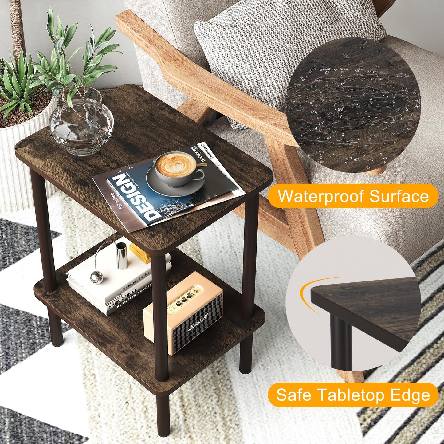 Apicizon 2 Tier End Table, Small Side Table with Solid Wood Legs, Boho Bedside Table with Storage Shelf, Nightstand for Small Spaces, Bedroom, Living Room, Entryway, Easy Assembly, Rustic Oak