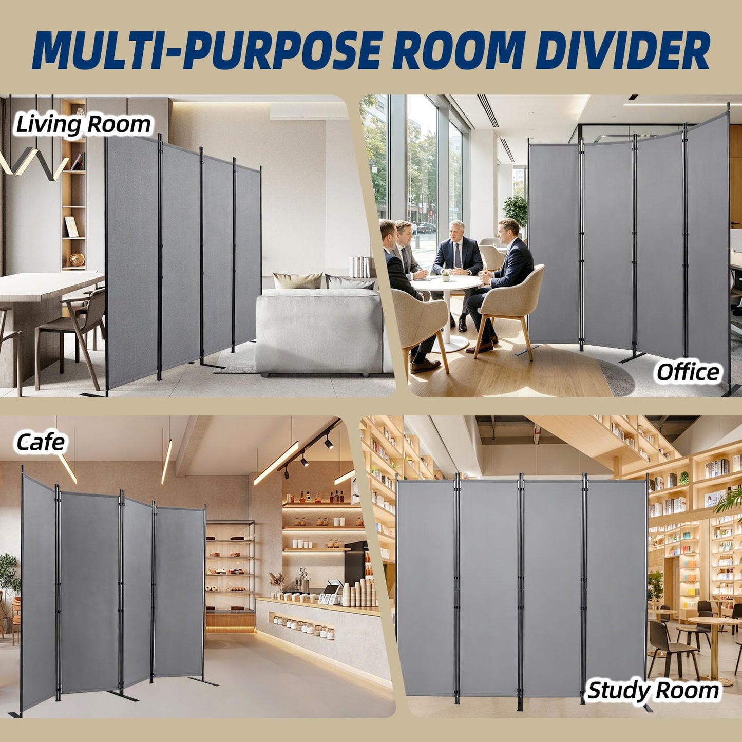 Room Divider and Folding Privacy Screens, Wide Room Divider Wall Screen for Room Separtition, Partition Room Dividers Fabric Panel Wall Dividers Freestanding for Office (Grey, 4 Panel-88'' Wide)