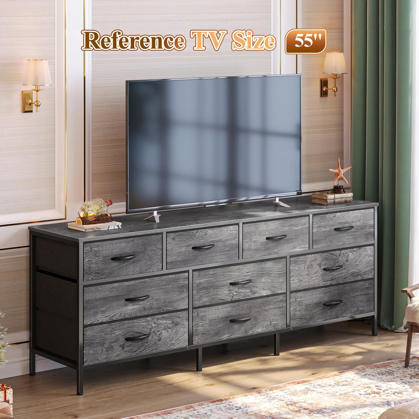 Huuger 63 Inch Dresser for Bedroom, Long Dresser with 10 Fabric Drawers, TV Stand for 55, 65, 70 Inch TV, Toy Storage Organizer for Closet, Grey