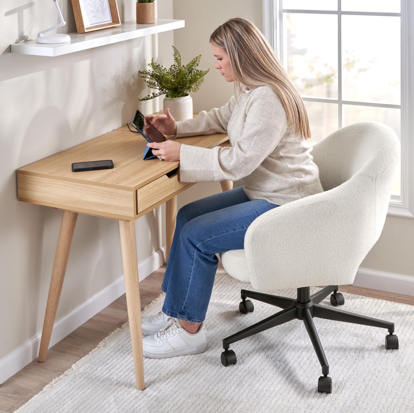 Bush Home Mid Century Modern Desk Chair for Home Office, Adjustable Seating with Wheels and Swivel Base, Fairfax Collection, Light Cream Fabric Upholstery