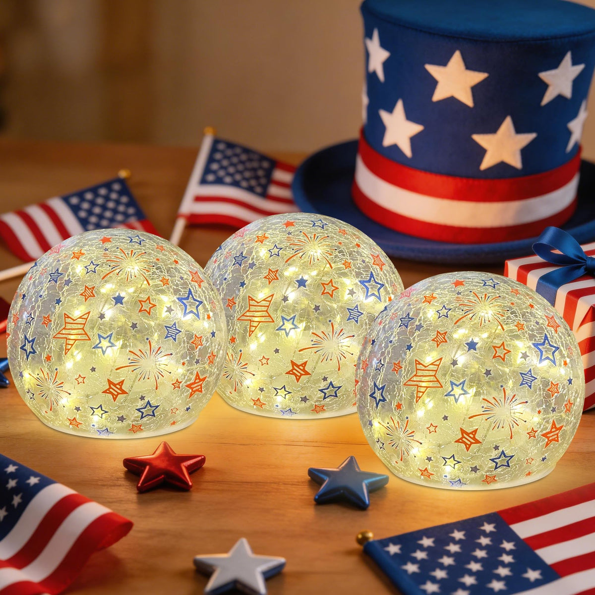 3PCS Independence Day Decorative Lights, 3.93-inch Independence Day Desktop Decoration LED Night Light, Cracked Glass Ball Light with Timer, 4th of July Decorations (Fireworks Pattern)