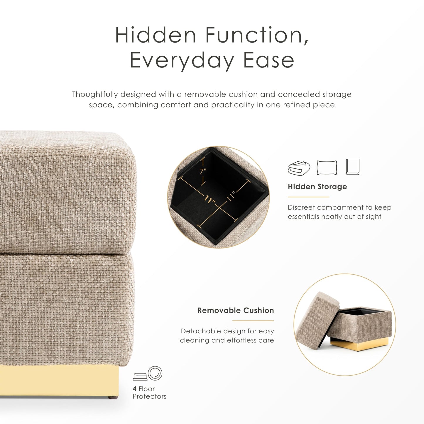 Furniture of America Renzo Modern 15-inch Chenille Cube Ottoman with Storage Compartment and Stainless Steel Base, Vanity Stool Chair, Small Foot Stool for Bedroom, Living Room, Entryway, Beige