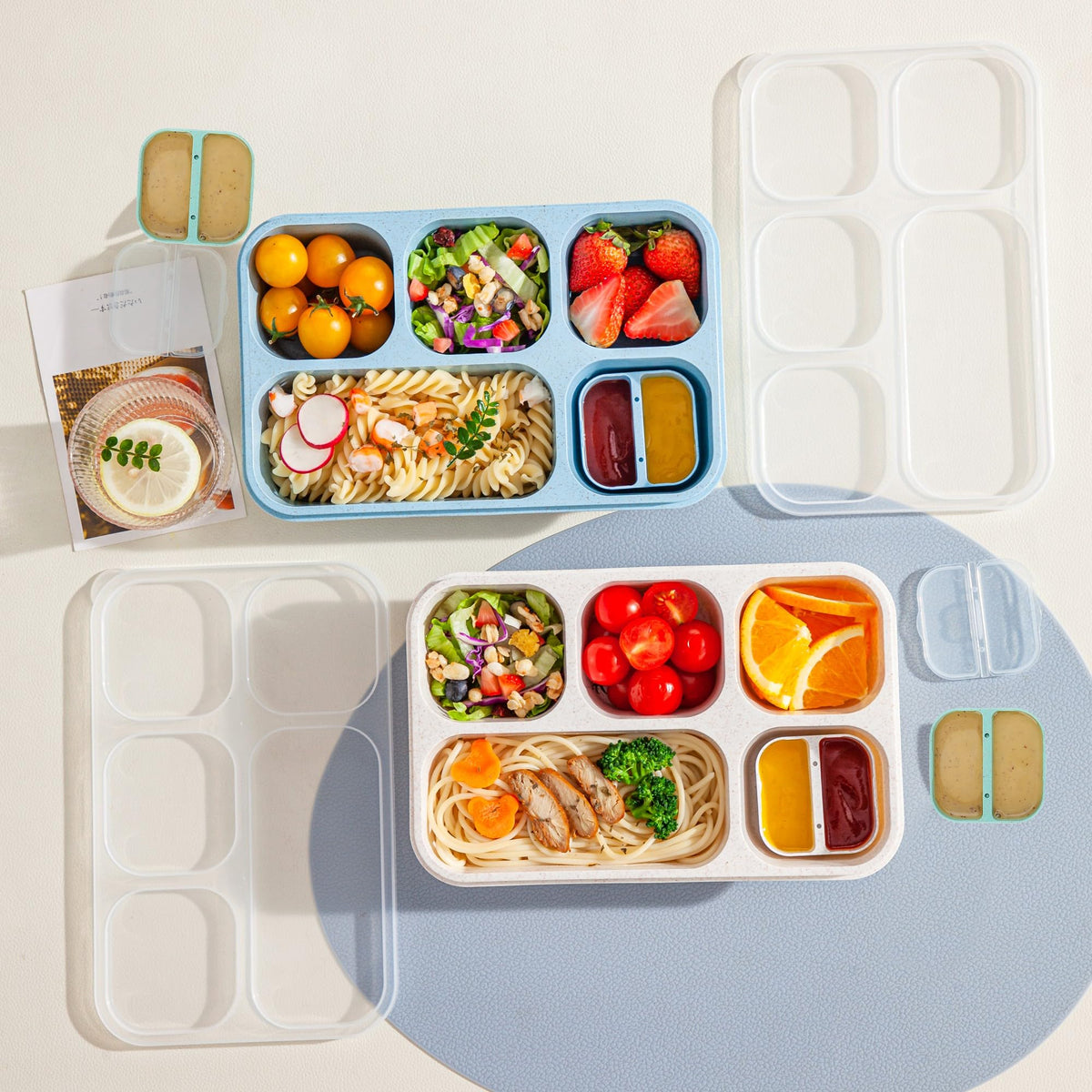 TOUWMX Bento Box Adult, 4 Pack 5 Compartments Meal Prep Container Reusable Food Storage Lunchable Containers with Sauce Containers, Snack Boxes For Adults Bento Box For Kids