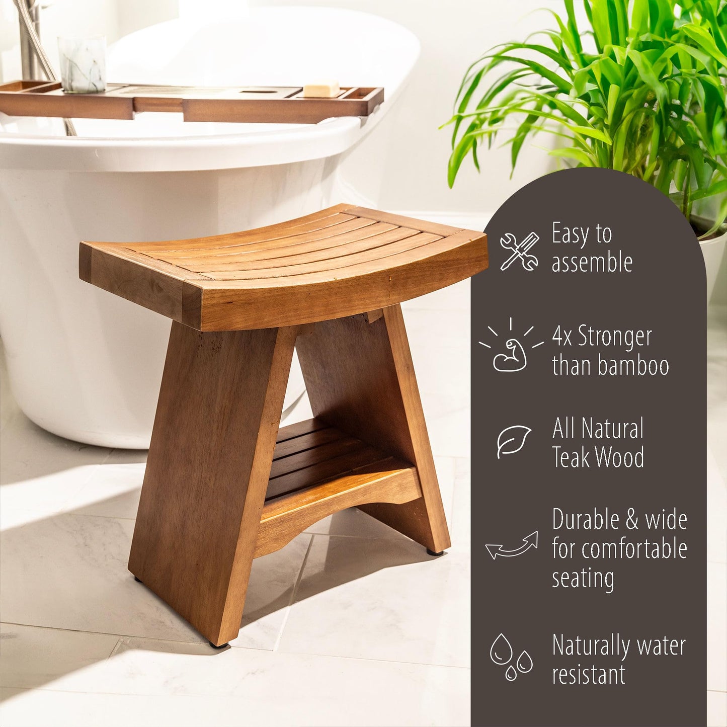 Purteak Teak Shower Bench, 450 Pound Capacity Shower Stool, Water Resistant 18 Inches Solid Wood Seat, Teak Wooden Stool for Inside to Sit On, Extra Sturdy and Slip Resistant Seat