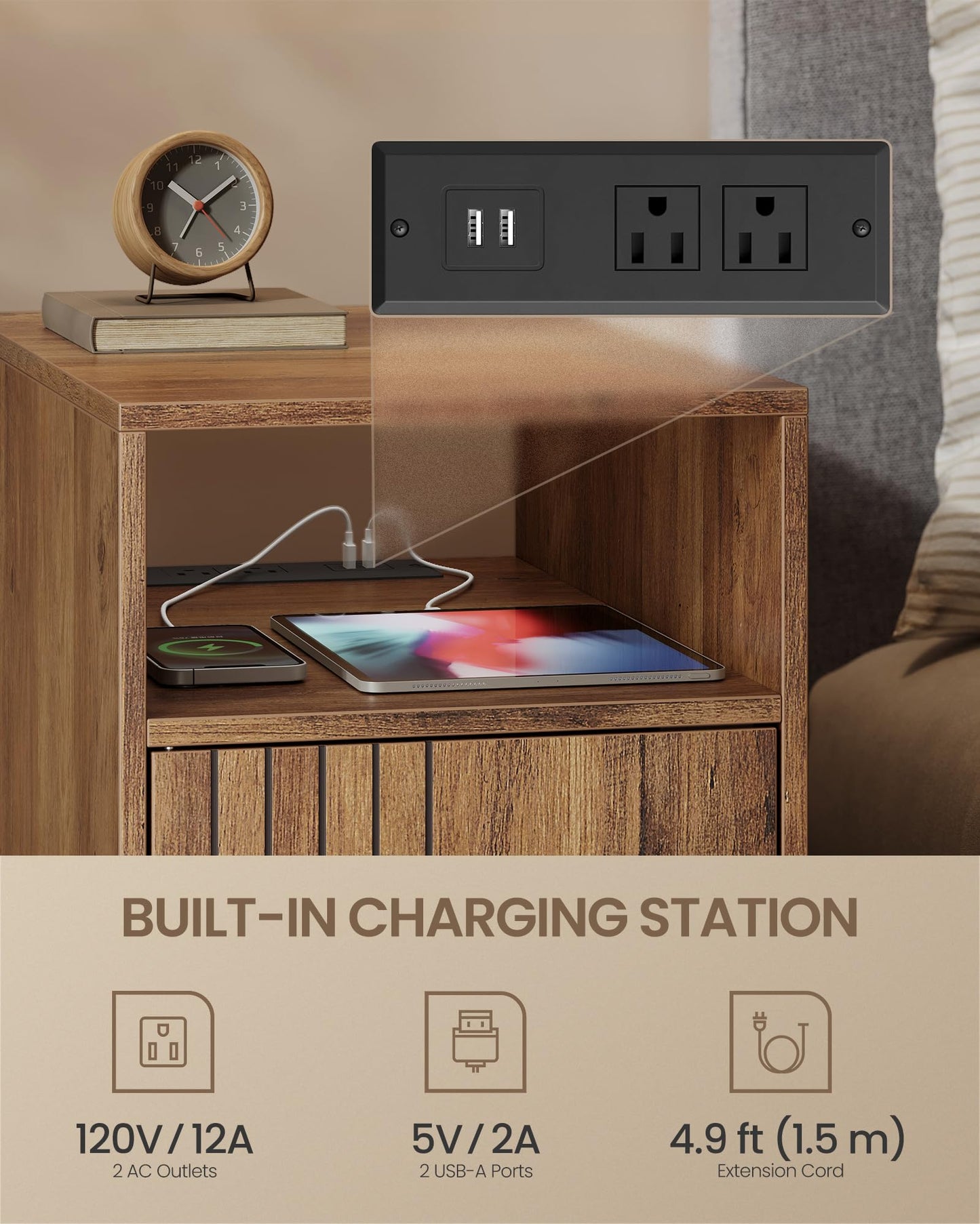 VASAGLE MAEZO Collection - End Table with Charging Station, Narrow Side Table, Nightstand with Tapered Legs, Curved Transitions, for Small Spaces, Living Room, Bedroom, Honey Brown ULET329K101S