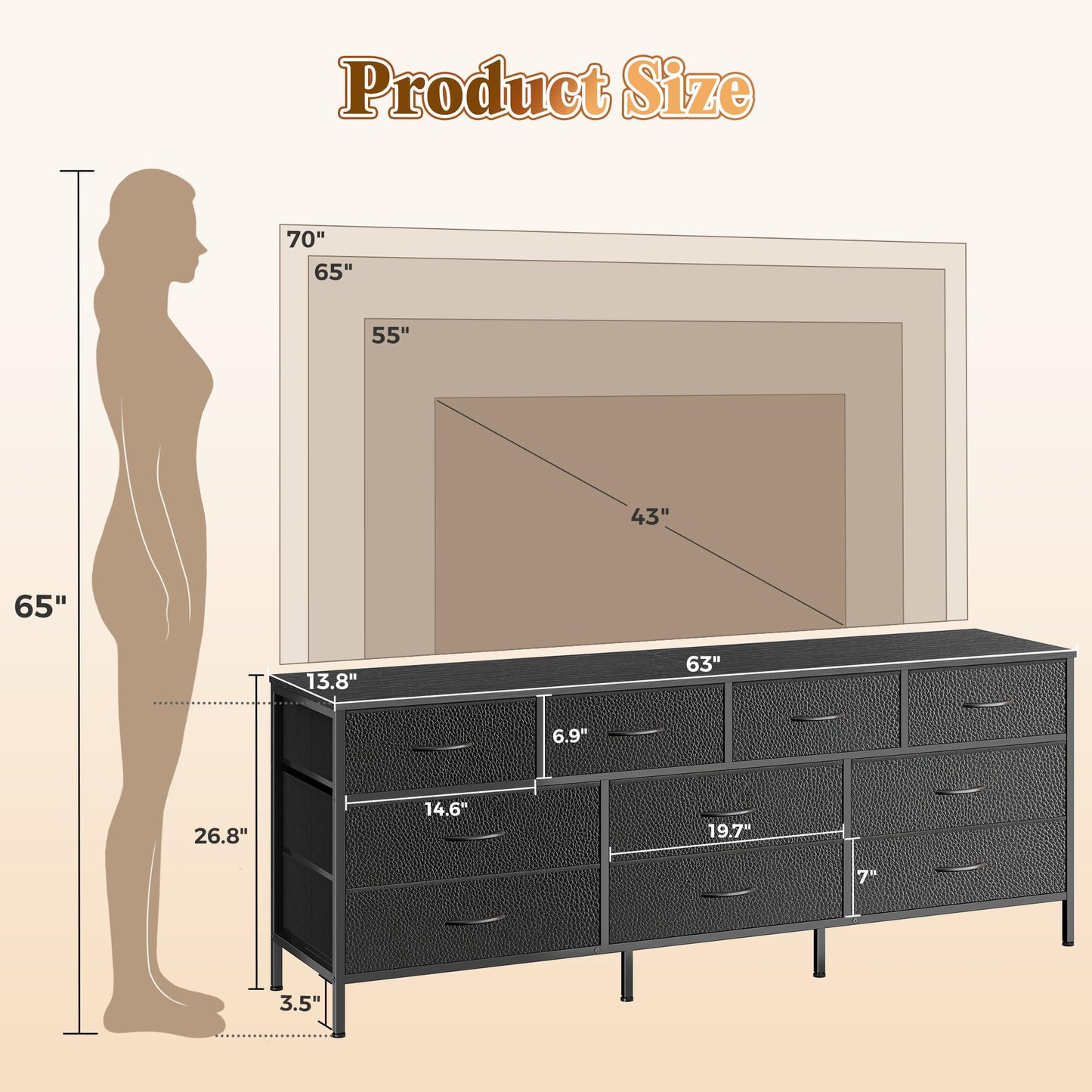 Huuger 63 Inch Dresser for Bedroom, Long Dresser with 10 Fabric Drawers, TV Stand for 55, 65, 70 Inch TV, Toy Storage Organizer for Closet, Black