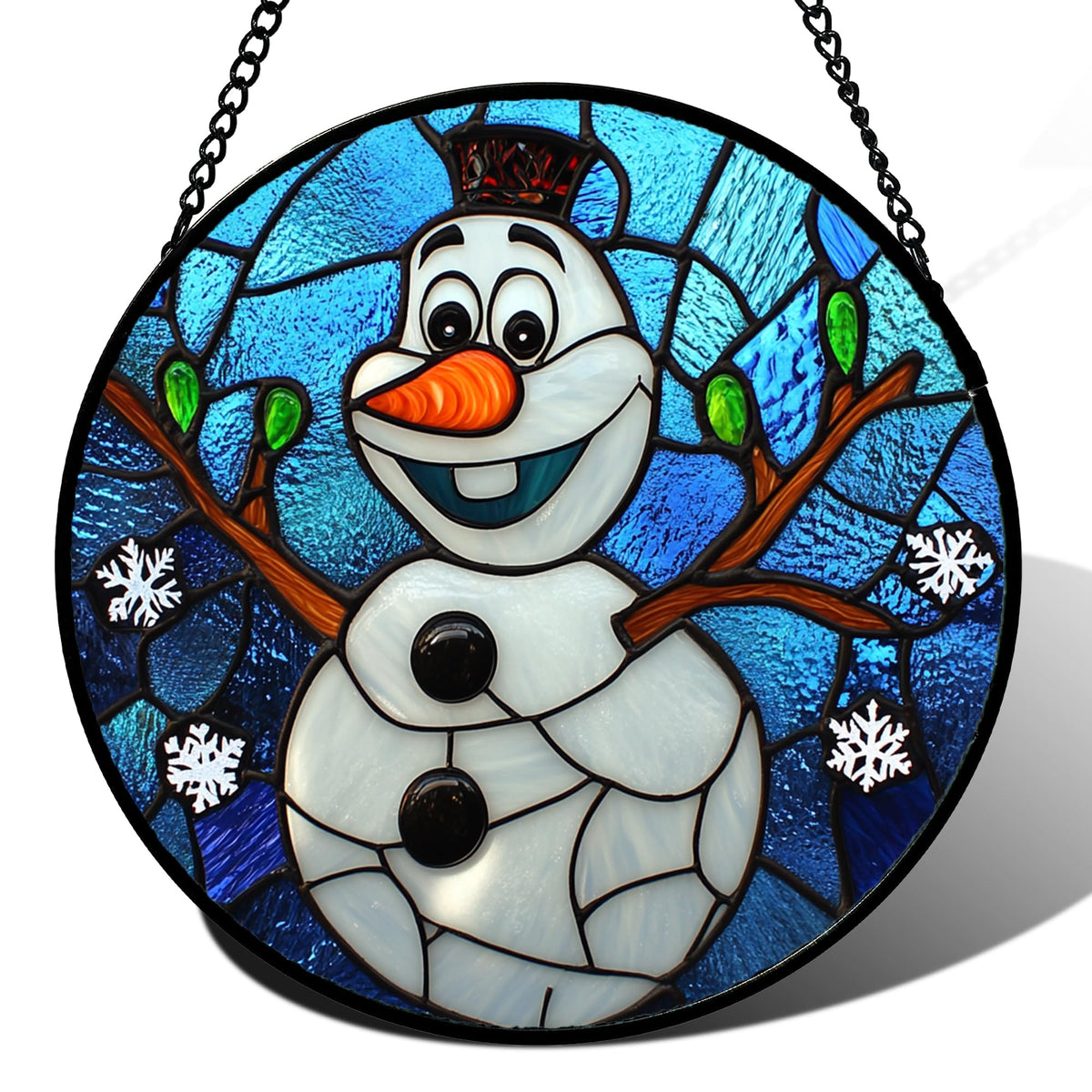 JOSUMALY Stained Glass Window Hanging Christmas Funny Snowman 7.8" - Suncatcher Door Garden Blue White Snowflakes Sun Catcher New Year Birthday for Friend Mom Men Woman Nana