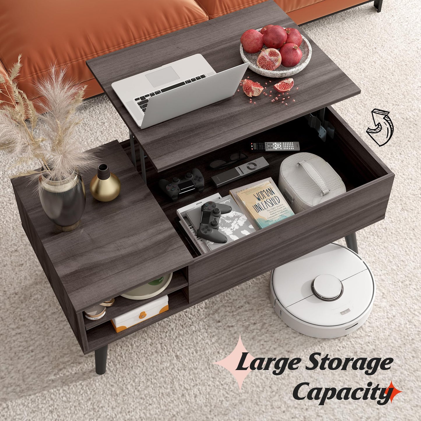 WLIVE Lift Top Coffee Table for Living Room, Small Coffee Table with Storage, Adjustable Shelf and Storage Compartment, Mid Century Modern Living Room Table, Wood, Grey