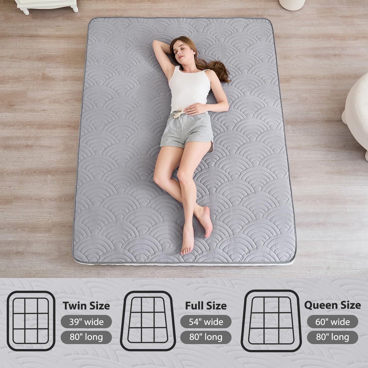 Zelladorra Japanese Floor Mattress, Quilted Futon Mattress with Anti-Slip Bottom, Foldable Floor Bed with Storage Bag and Straps, (Light Grey, Queen)