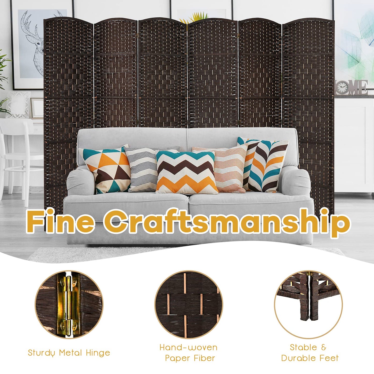 Giantex 6 Panel 6 Ft Tall Room Divider, Freestanding Wood Partition Room Divider Panel with Hand-Made Woven Paper Fiber, Room Dividers and Folding Privacy Screens for Bedroom, Small Space, Brown