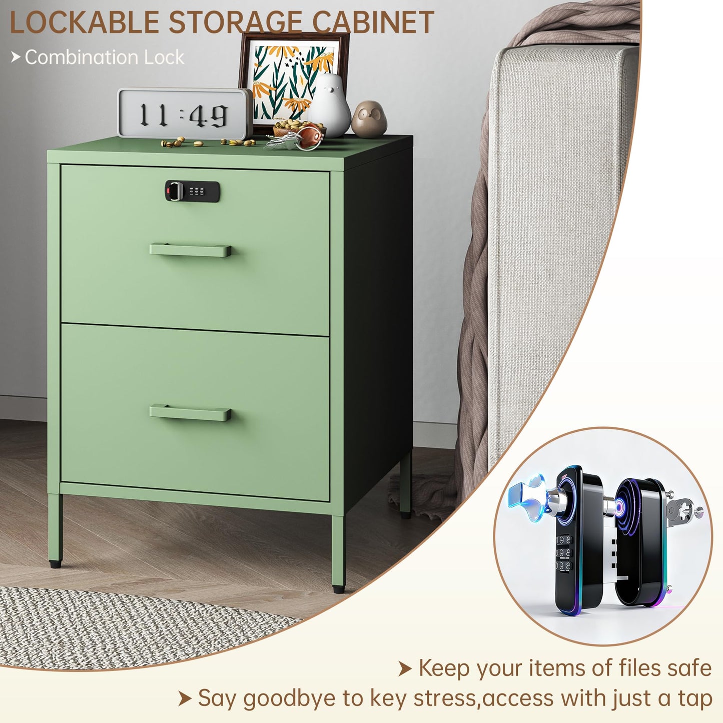 Steehoom Metal Nightstand with Lock, 2 Drawer End Side Table, Lockable Storage Cabinet Kids Cabinet for Living Room, Bedroom, Dorm, 21.26”H X 15.75”W X 15.75”D (2 Drawer, Green)