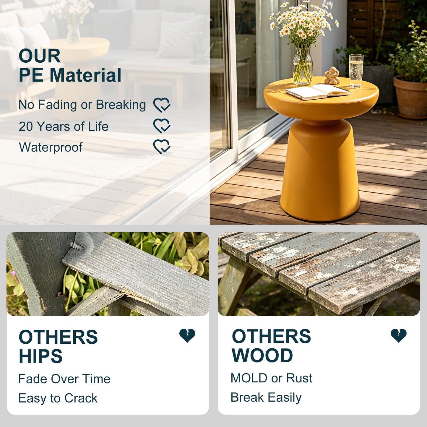 Modern Round Side Table, 16" Ginger Yellow PE Material Accent End Table, Mushroom Shaped Small Coffee Table for Living Room Bedroom Sofa Corner, Waterproof Pedestal Nightstand for Indoor/Outdoor
