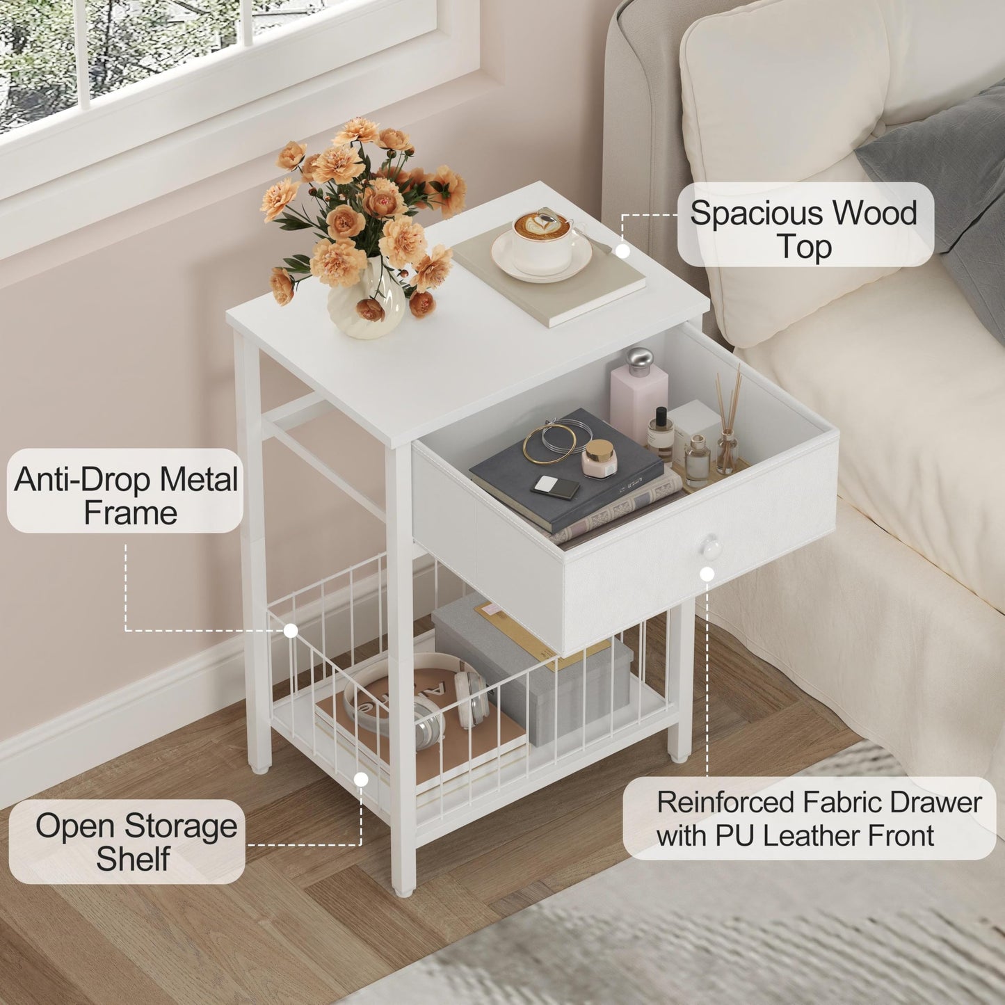 VAFEKOL White Small nightstand, White Nightstand, Side Table for Small Spaces, 2 Tiers Storage Shelves End Table, Night Stand for Living Room, Bedroom, Dorm LNT0061W