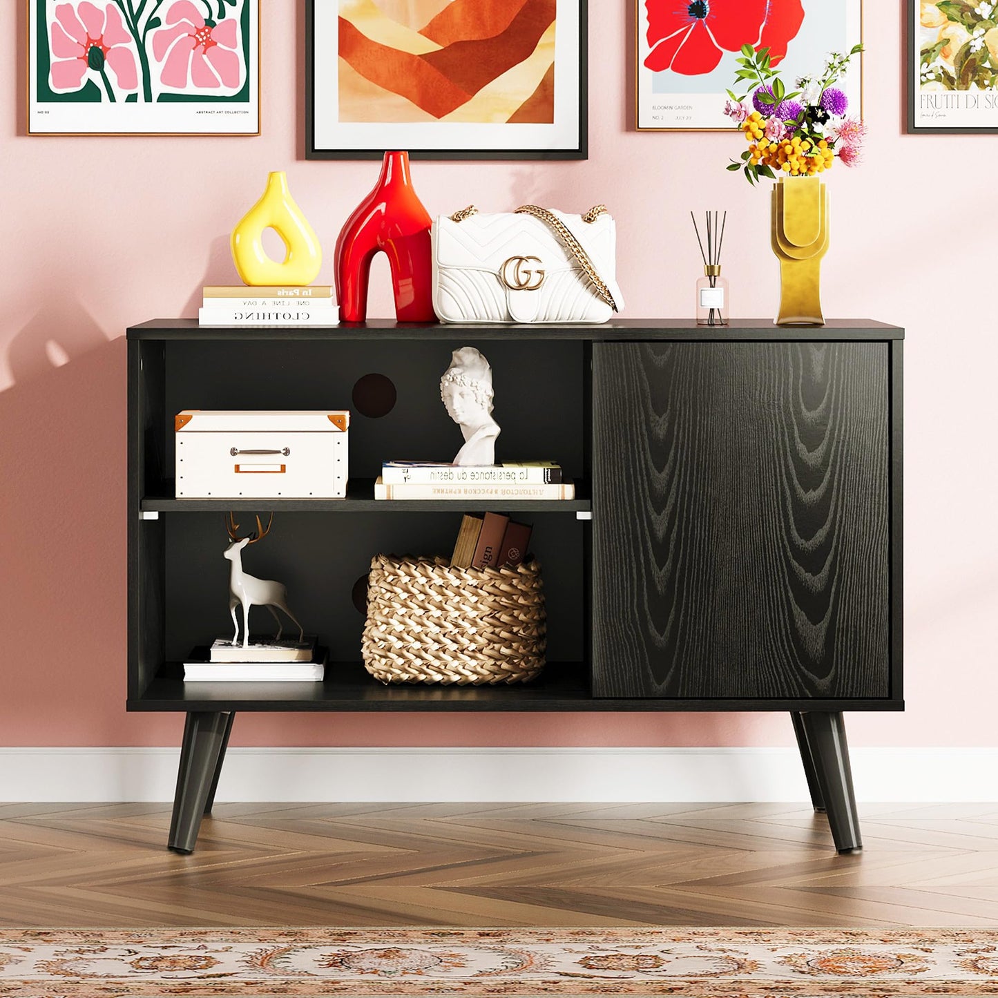 WLIVE TV Stand for 40 Inch TVs, Small Entertainment Center with Storage Cabinet, Mid-Century Modern TV Stands for Living Room and Bedroom, 32" TV Console, Black