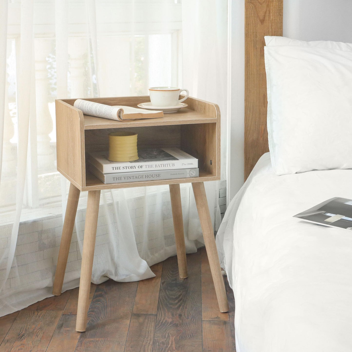MaxSmeo End Tables Set of 2, Mid Century Modern Side Table Bedroom with Storage, Small Nightstands Set of 2 with Solid Wood Legs for Living Room, Office Small Spaces (Rustic Walnut)