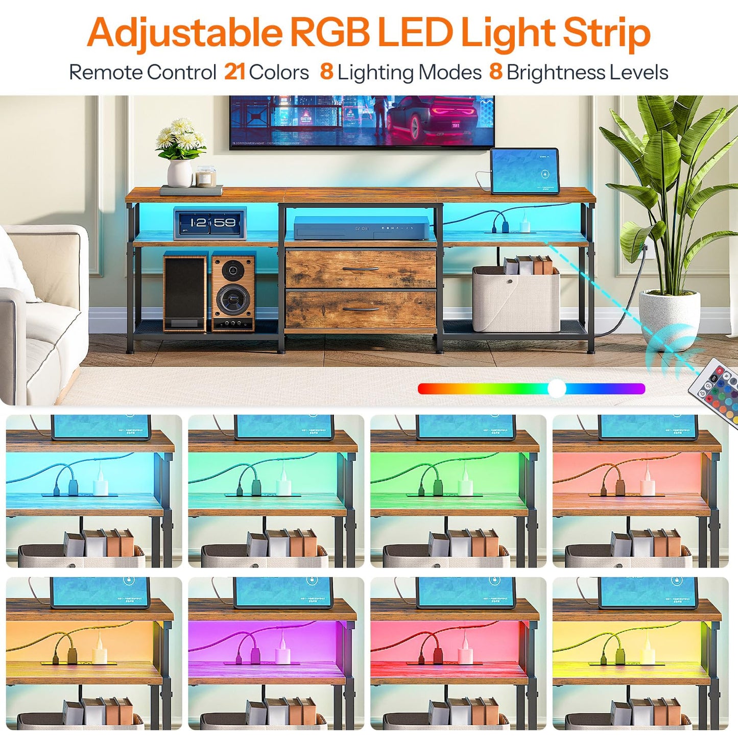 HOOBRO TV Stand with Power Outlet and LED Light, Entertainment Center for TVs Up to 75 Inch, Modern Media Console Table with 2 Non-Woven Drawers, for Living Room, Bedroom, Rustic Brown BF55UDDS01