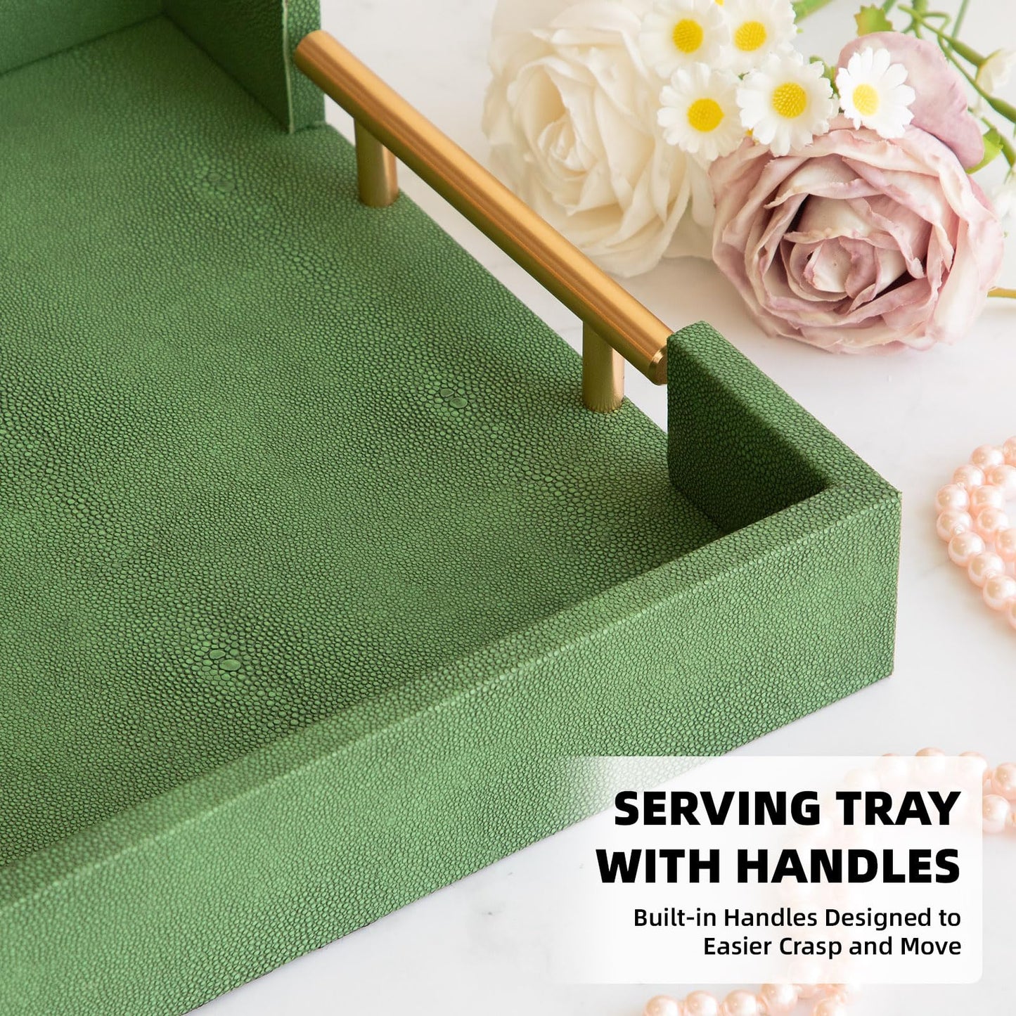 UPPER DECOR Decorative Tray Set of 2, Green Shagreen Leather Tray, Modern Elegant Rectangle Serving Trays with Gold Polished Metal Handles, Ottoman Trays Coffee Table Perfume Kitchen Home Decor