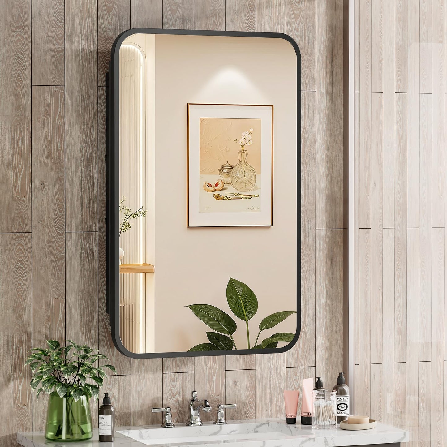 ACEMIRO 16x24 Inch Black Mirror Medicine Cabinet Metal Framed Recessed Wall Mounted Bathroom Medicine Cabinet with Mirror and Storage