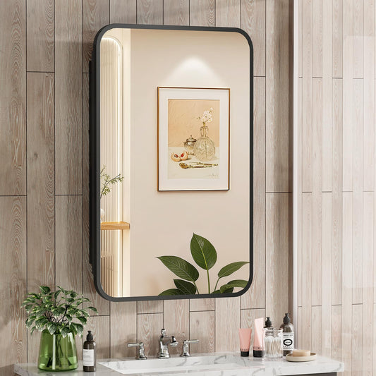ACEMIRO 16x24 Inch Black Mirror Medicine Cabinet Metal Framed Recessed Wall Mounted Bathroom Medicine Cabinet with Mirror and Storage