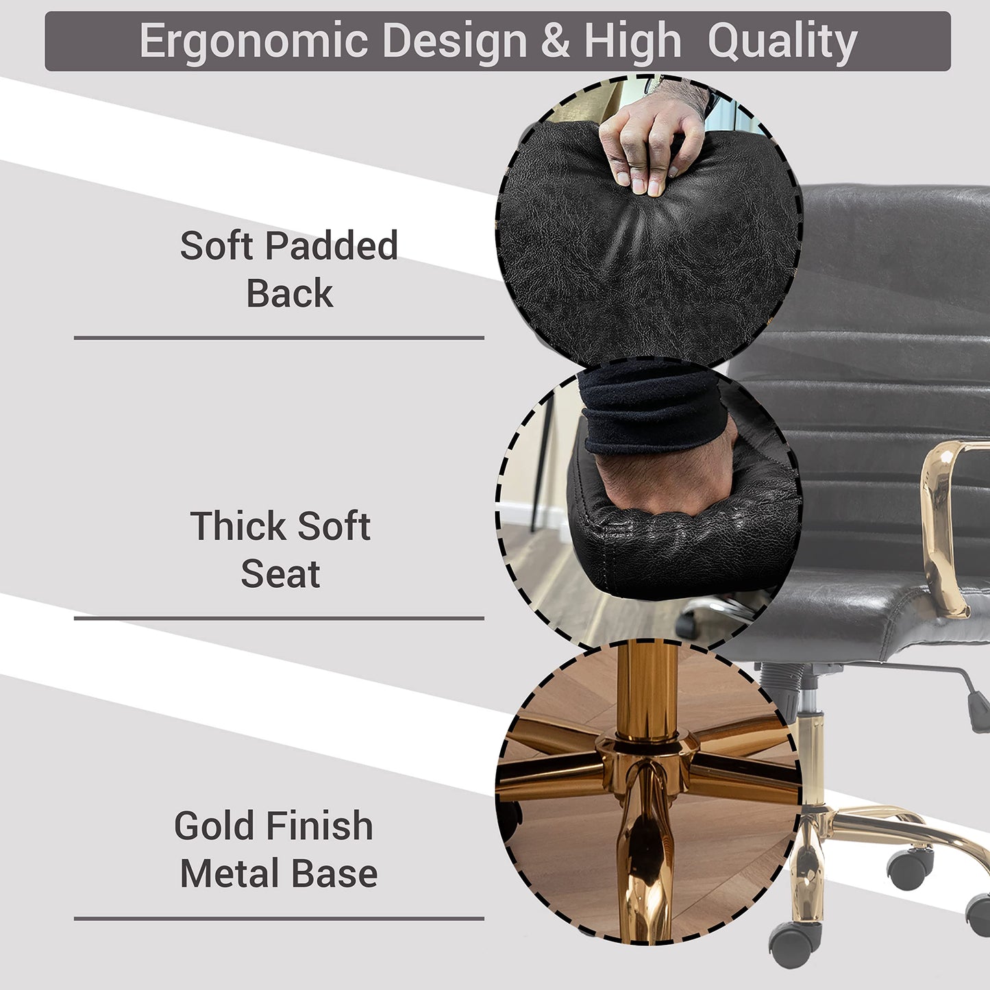 BTEXPERT Black Faux Leather Adjustable Home Office Golden Arms Exectuive High Back Manager Desk Chair, (5162BK)