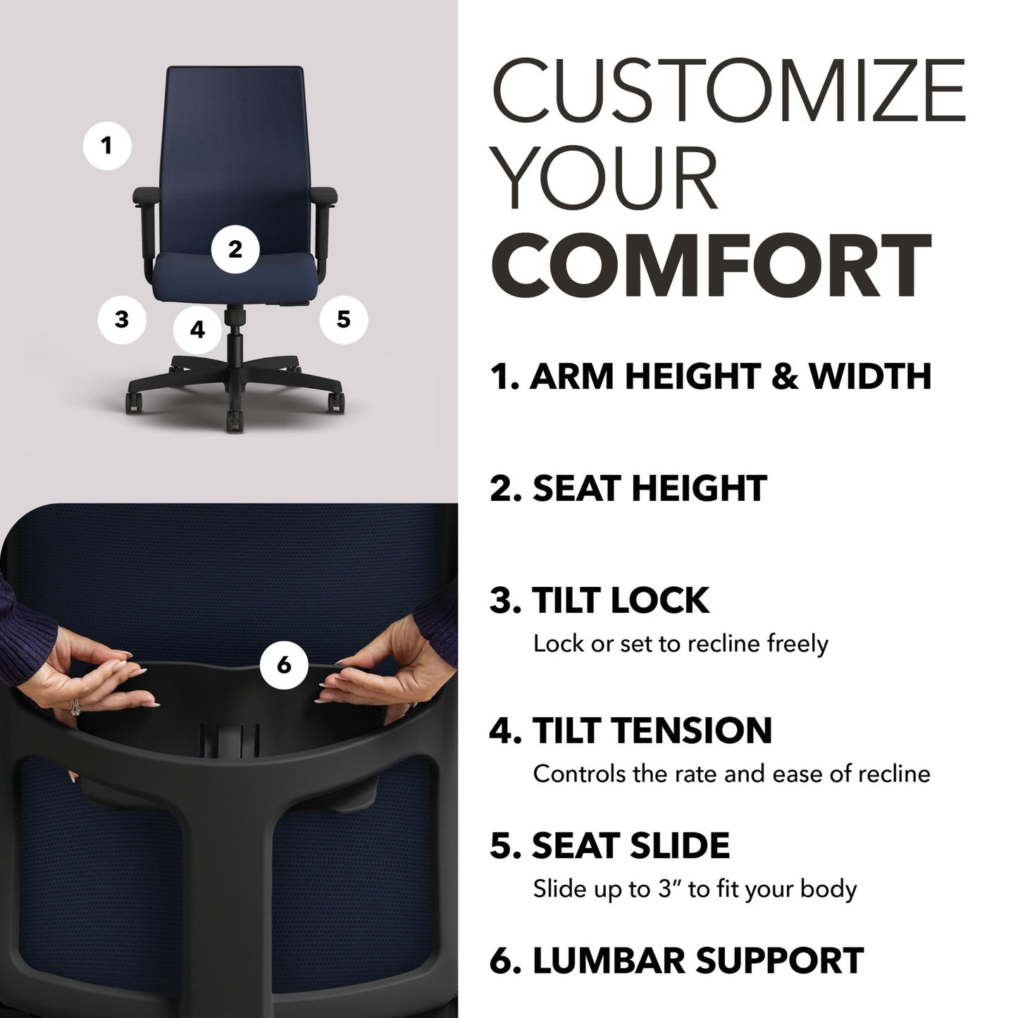 HON Ignition 2.0 Mid Back Task Chair, Spectrum Mesh, Standard Synchro-Tilt Control, Office Chair with Lumbar Support, Height and Width Adjustable Arms, Black Frame, Blueberry