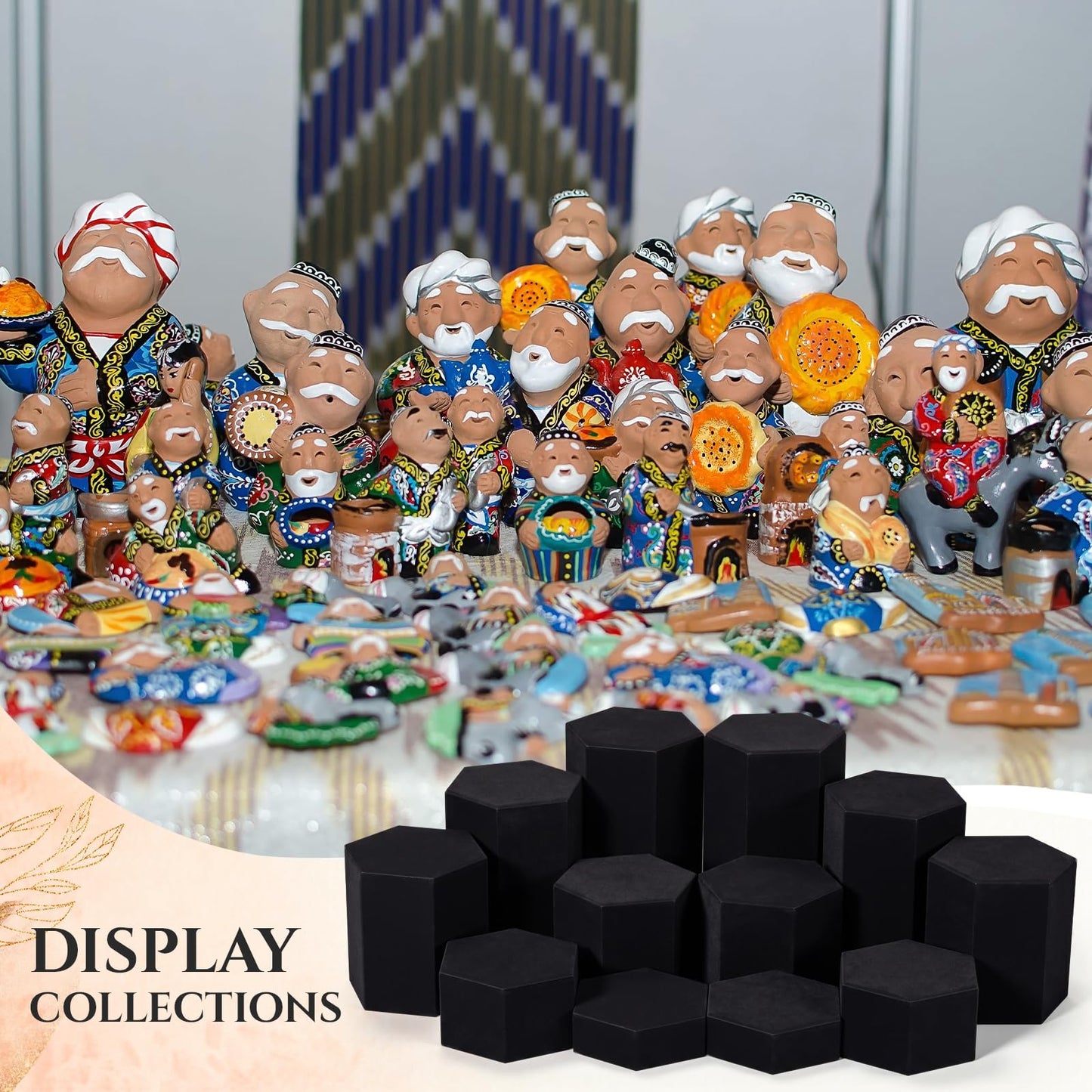 Sintuff 12 Pcs Black Velour Covered Tiered Hexagonal Jewelry Display Risers Wooden Hexagonal Market Display Risers Stands for Model Figures Decoration