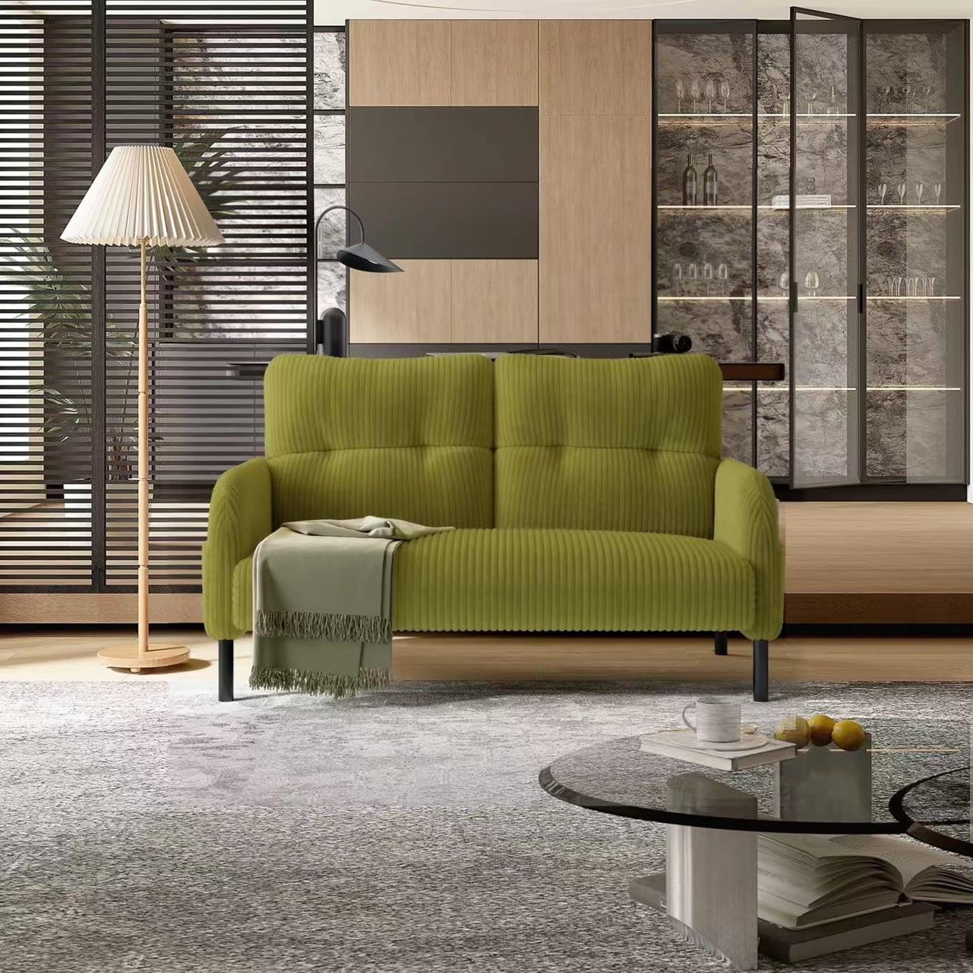 KEIKI 47" Corduroy Loveseat Sofa with Double Side Pockets & High Resilience Cushion, Modern Style Ergonomic Design Upholstery Oversized 2-Seater Couch, Easy Assembly, for Living Room, Olive Green