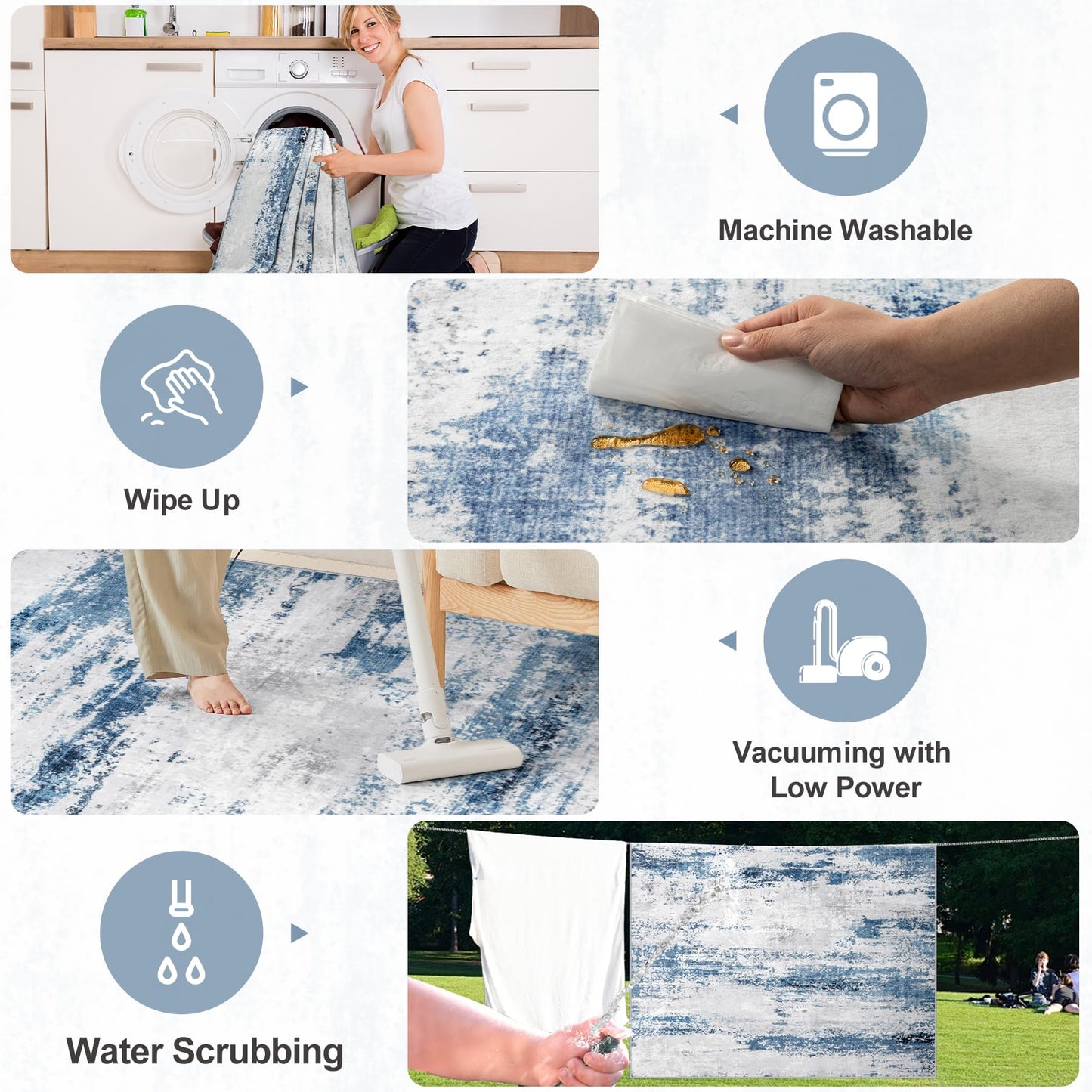 8x10 Area Rugs for Living Room - Washable Rug Modern Abstract Soft Large Neutral Non-Slip Carpet Indoor Floor Thin Carpets for Bedroom Dining Room Farmhouse Nursery Home Office White Blue Grey