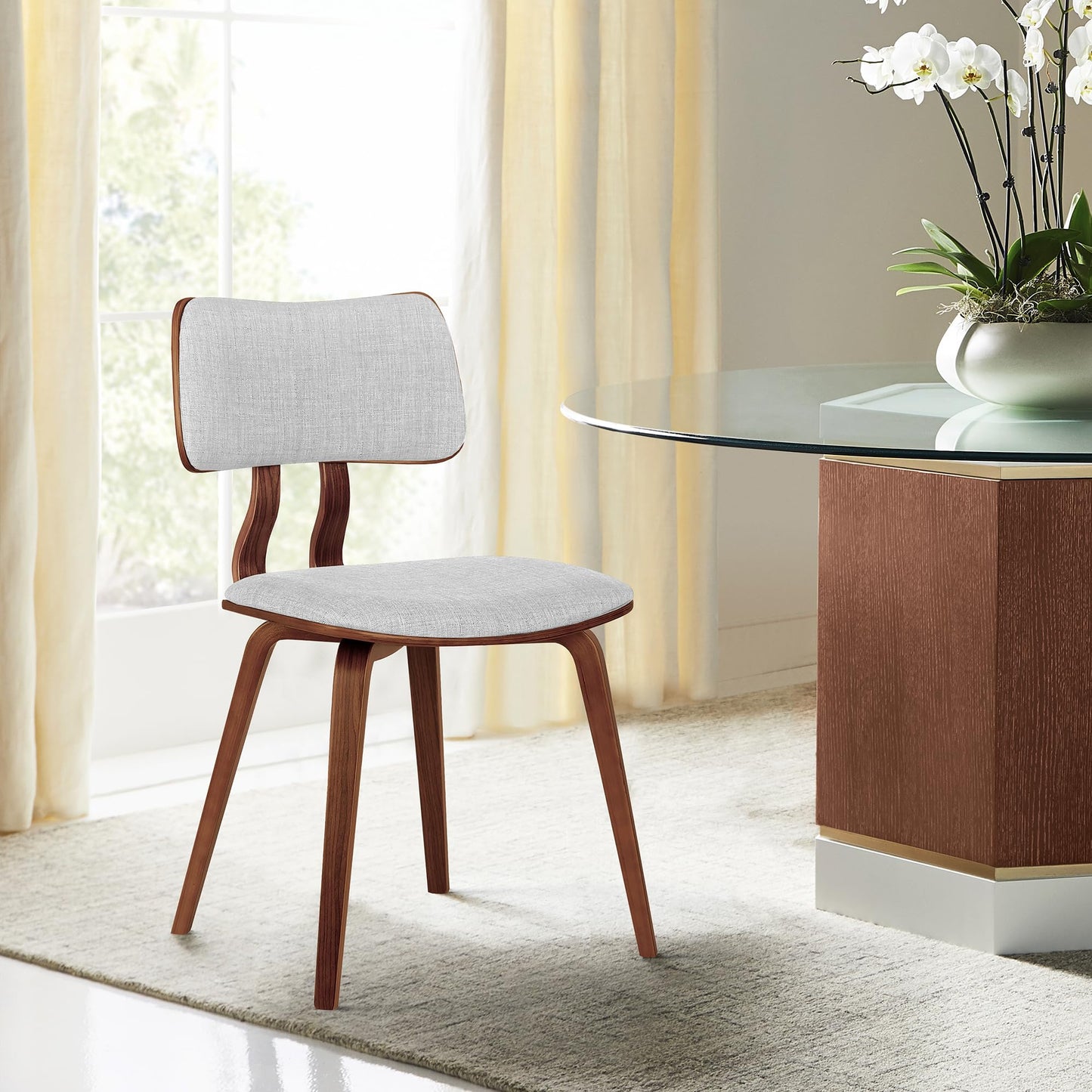 Armen Living Jaguar Mid Century Modern Dining Accent Chair for Kitchen Table Desk Vanity in Grey Fabric and Walnut Wood Finish