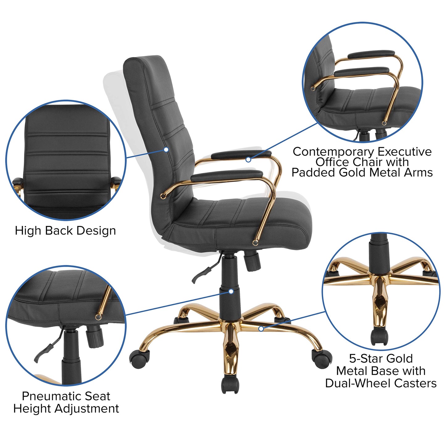 Flash Furniture Whitney High-Back Swivel LeatherSoft Desk Chair with Padded Seat and Armrests, Adjustable Height Padded Office Chair, Black/Gold