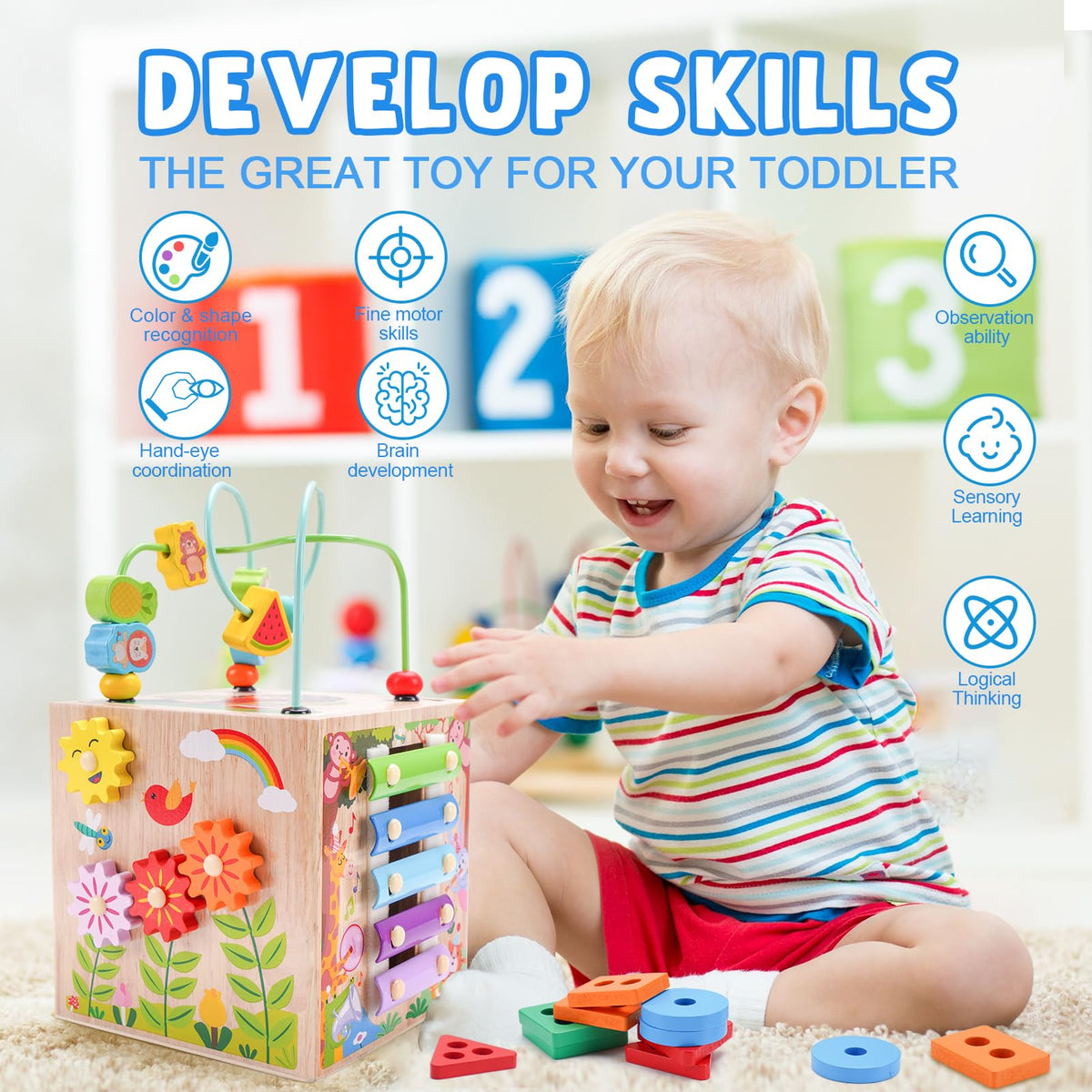 Wooden Activity Cube | Montessori Toys for 1 2 3 Year Old Toddlers | One Year Old 1st 2st First Birthday Gift | Educational Toys for 12+ Months Baby Boys Girls | Bonus Sorting & Stacking Game (Blue)