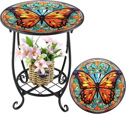 Cinnvoice Outdoor Side Table Round Small Mosaic Patio Accent Indoor End Plant