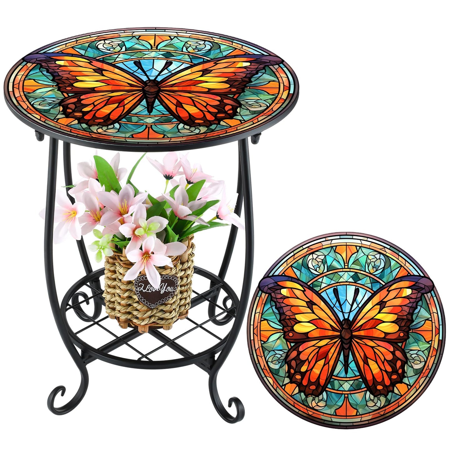 Cinnvoice Outdoor Side Table Round Small Mosaic Patio Accent Indoor End Plant Coffee Tea Table for Yard Patio Porch Garden Living Room, Bedroom(Butterfly B Style,14 Inch)