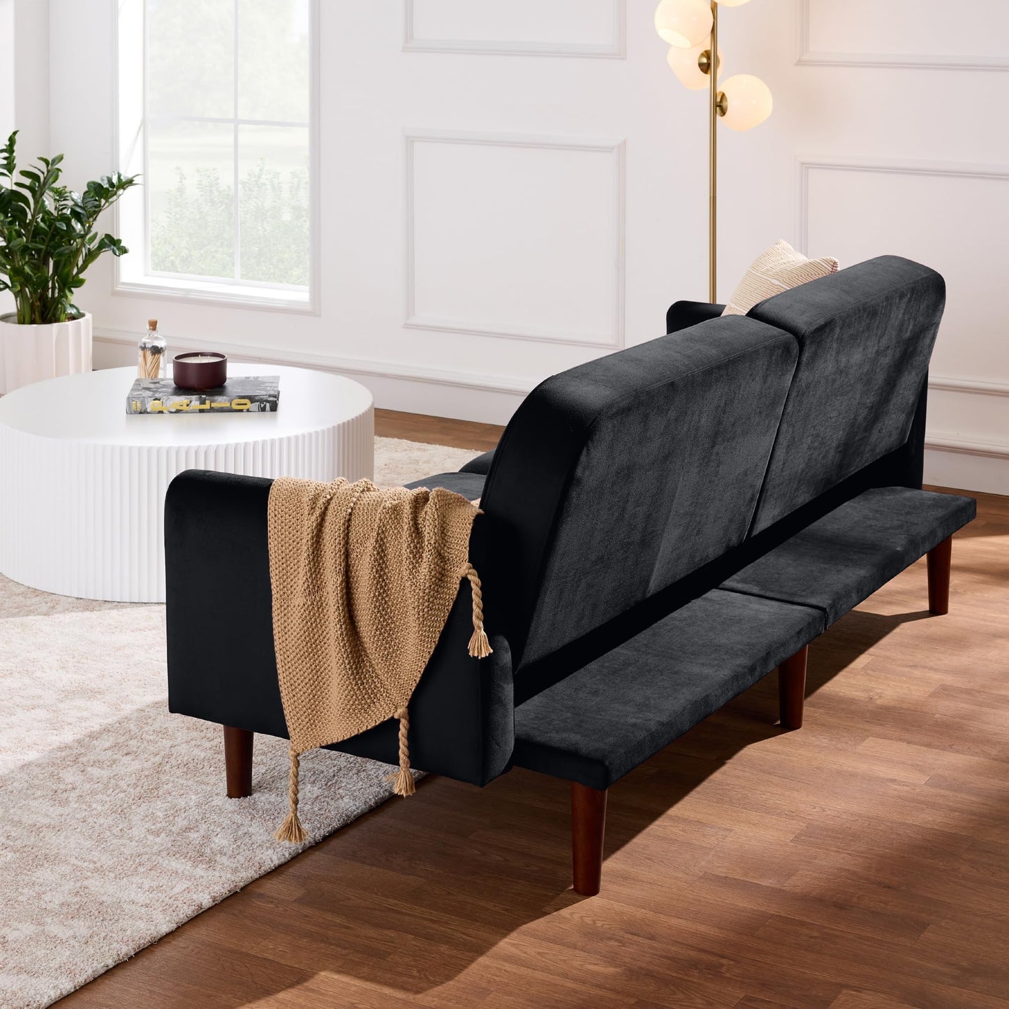 Best Choice Products 77" Mid Century Modern Velvet Loveseat Sofa, Couch, Convertible Sofa Sleeper Bed w/Real Wood, Removable Armrest - Onyx Black