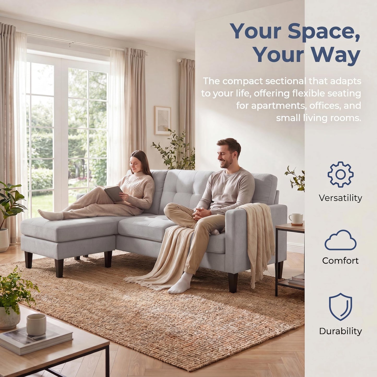 NicBexl 74'' L Shaped Small Couch, Lounge Sectional Couch with Chaise, Sleeper Sofa for Apartment Size, Small Sectional for Living Room, Office, Guest Room & Small Spaces, Light Gray