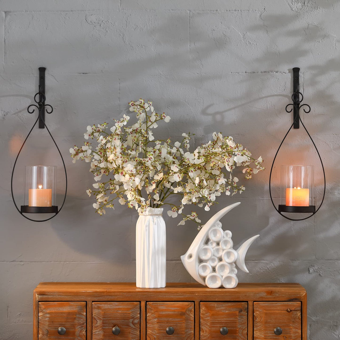 Wisiron Hanging Water Drop-Shaped Wall Sconce Wall Mounted Hurricane Candle Holder Glass & Metal Farmhouse Handcrafted Wall Art Decorations, Black HT21-0204B
