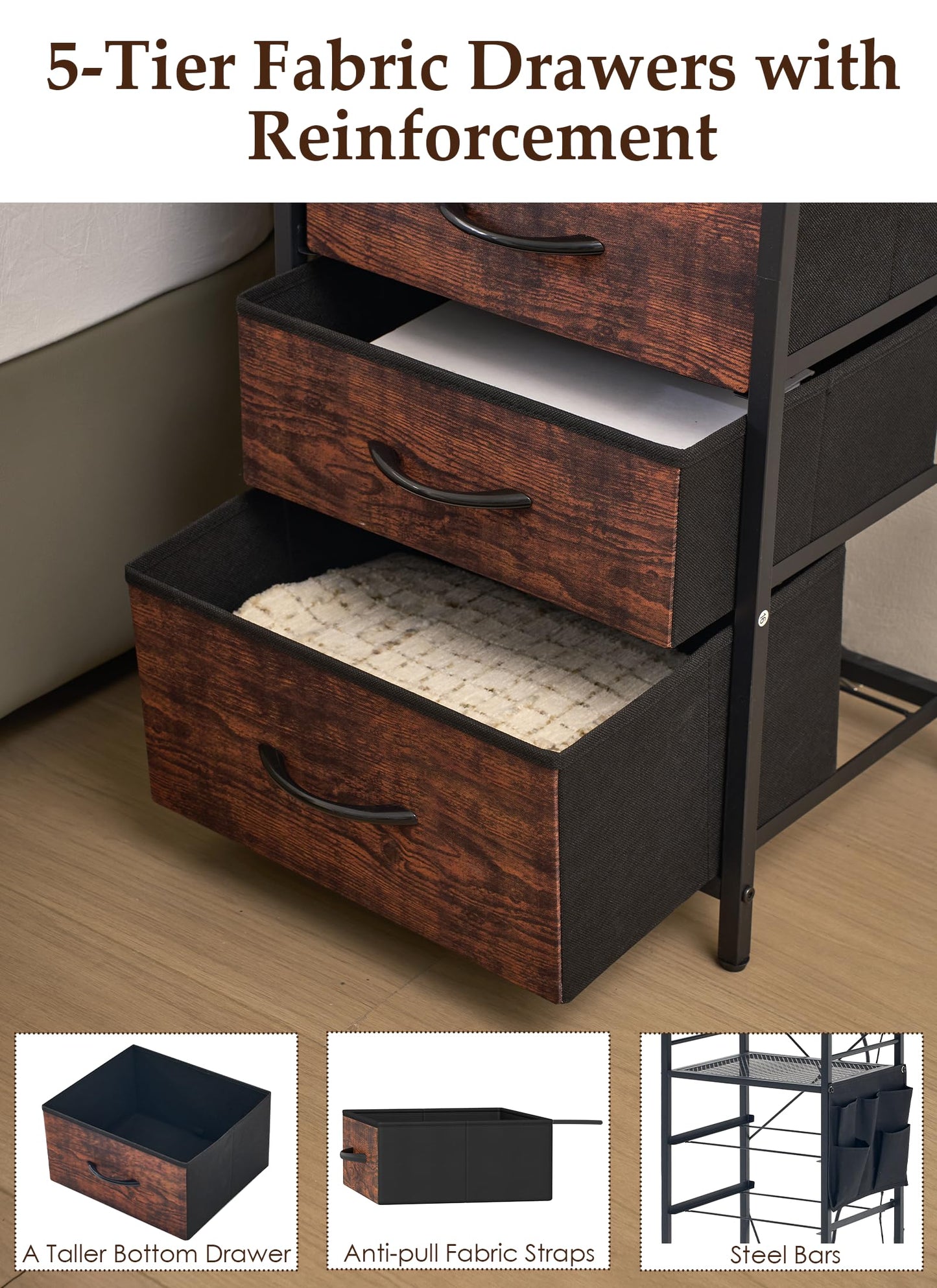Baoz 57" Tall Nightstand Set of 2 with Charing Station & 5 Drawers, Brown