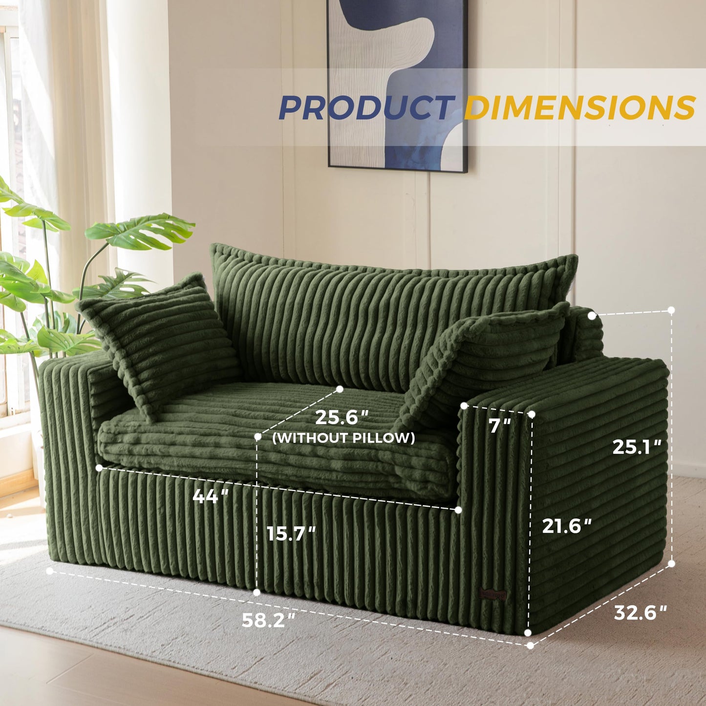 MAXYOYO 59" Bean Bag Sofa Couch, Loveseat Boneless Couch in a Box, Upholstered Small Mini Sofa with Deep Seating for Living Room Bedroom Office Apartment, No Assembly, Dark Green