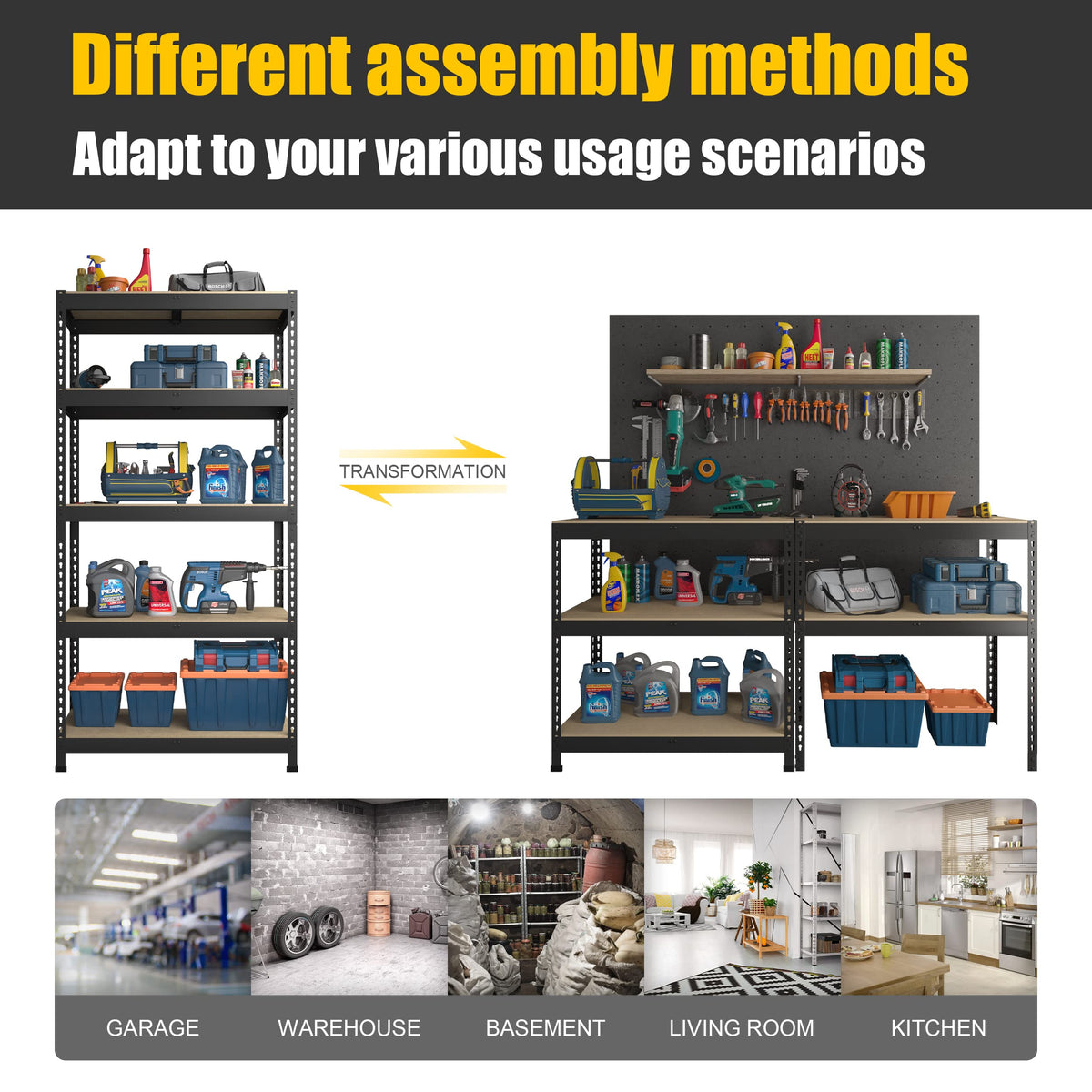 PrimeZone Heavy Duty Storage Shelves - 5 Tier 35.5" W x 15.75" D x 71" H Adjustable Garage Storage Shelving, Metal Storage Utility Rack Shelf Unit for Warehouse Pantry Closet Kitchen, Black