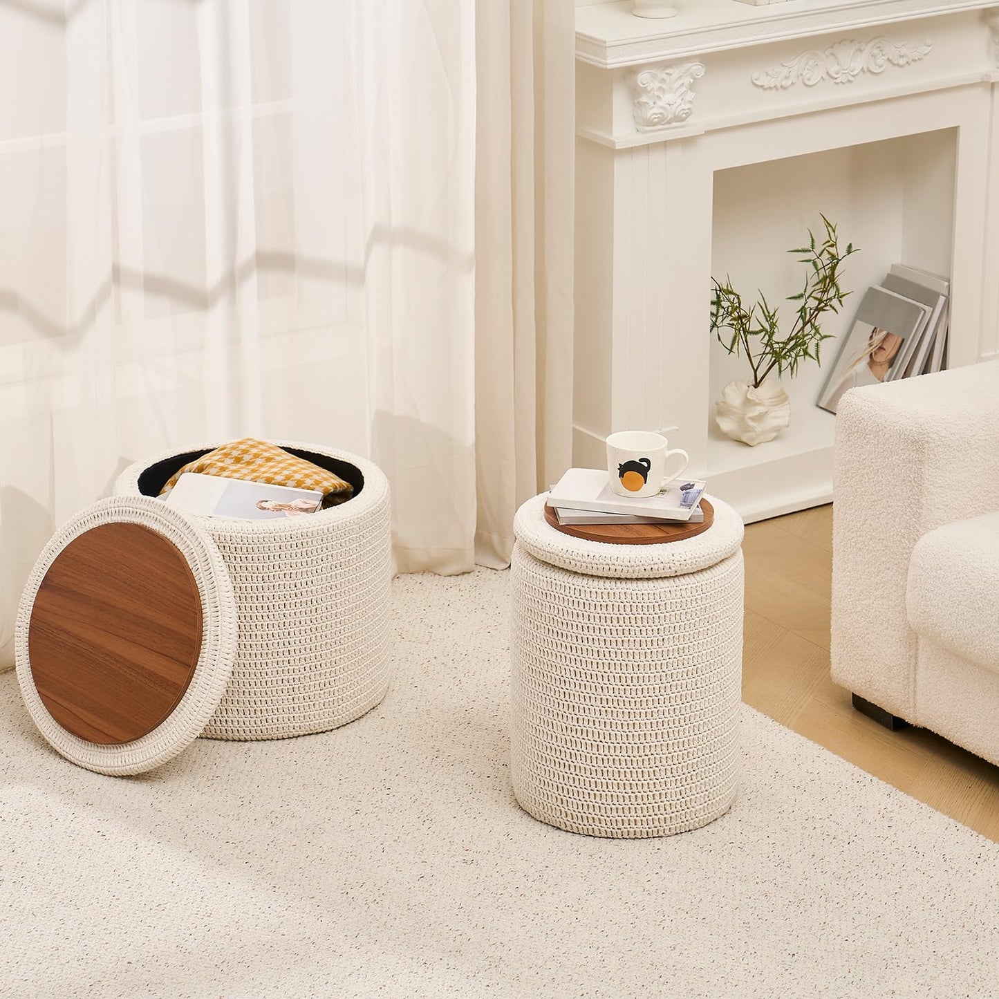 Wimarsbon Pouf Ottoman, 100% Cotton Knitted Boho Footstool, Round Footrest with Non-Skid Wood Legs, Home Décor Handmade Pouffe, Leisure Floor Step Stool for Living Room (14inch White Storage Ottoman)